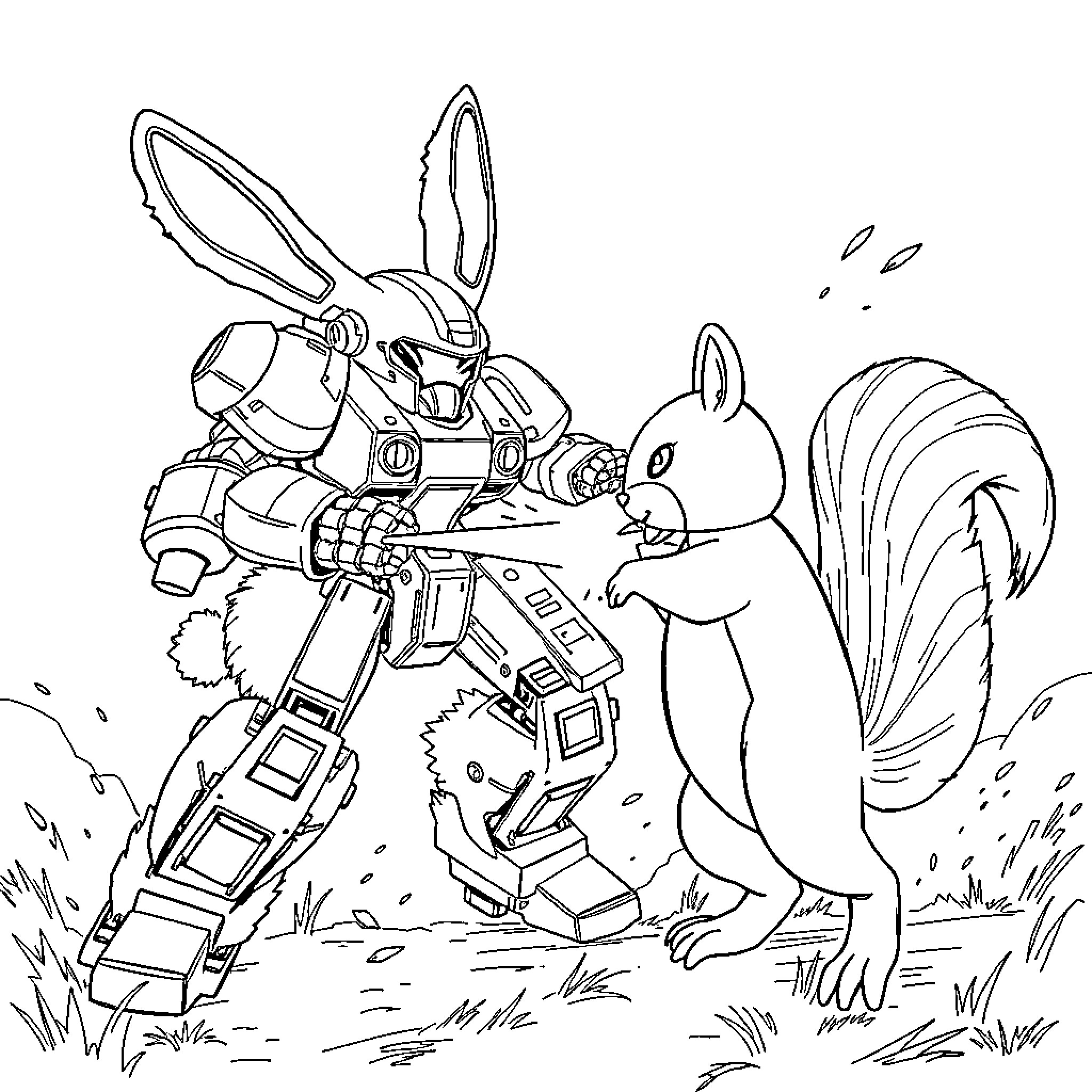Mech Rabbit Confronting Squirrel in Nature Coloring Page (free black-and-white line drawing printable PDF for all, from beginners to advanced learners, including children, teens, adults, and seniors)
