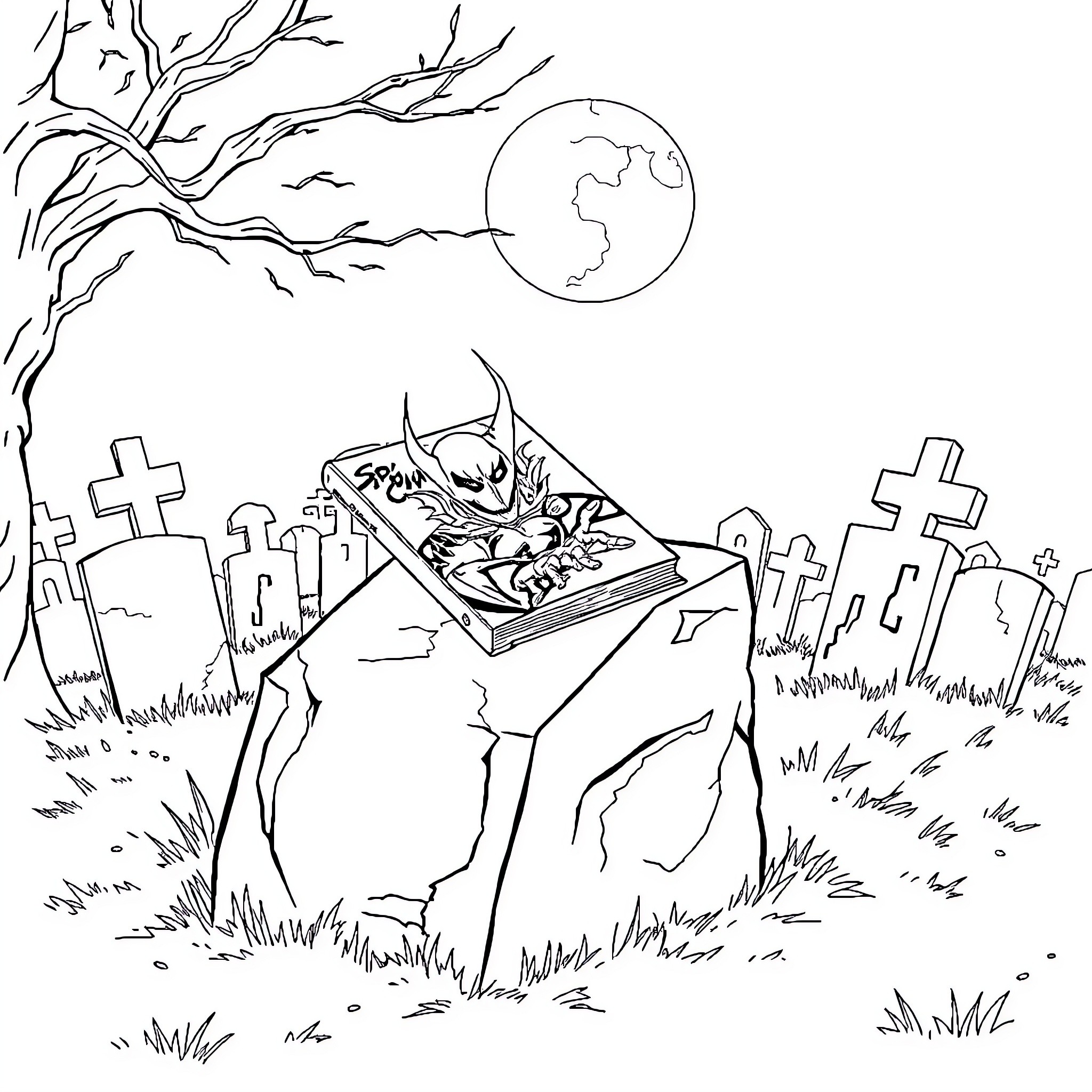 Spawn rises from graveyard under moonlight Coloring Page (free black-and-white line drawing printable PDF for all, from beginners to advanced learners, including children, teens, adults, and seniors)