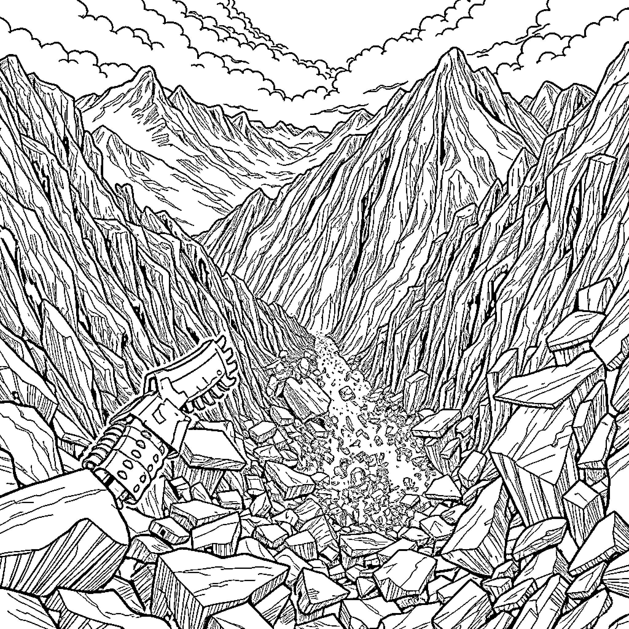 Brainrot: Shattered mountains and clouded skies Coloring Page (free black-and-white line drawing printable PDF for all, from beginners to advanced learners, including children, teens, adults, and seniors)
