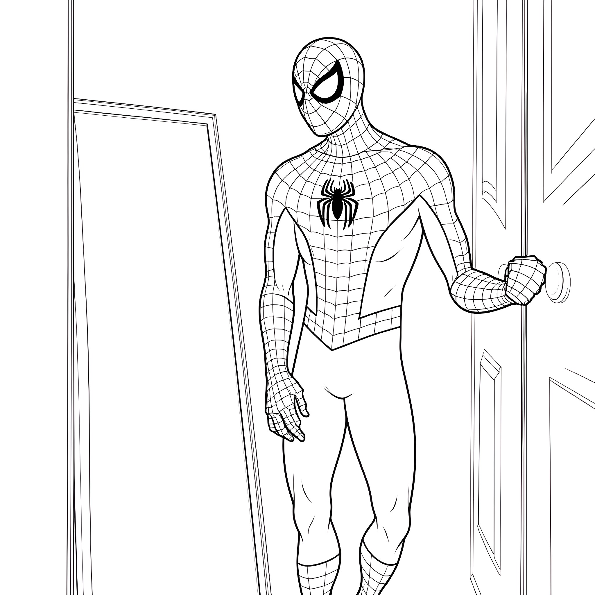 Spider-Man ready for action in his iconic costume Coloring Page (free black-and-white line drawing printable PDF for all, from beginners to advanced learners, including children, teens, adults, and seniors)