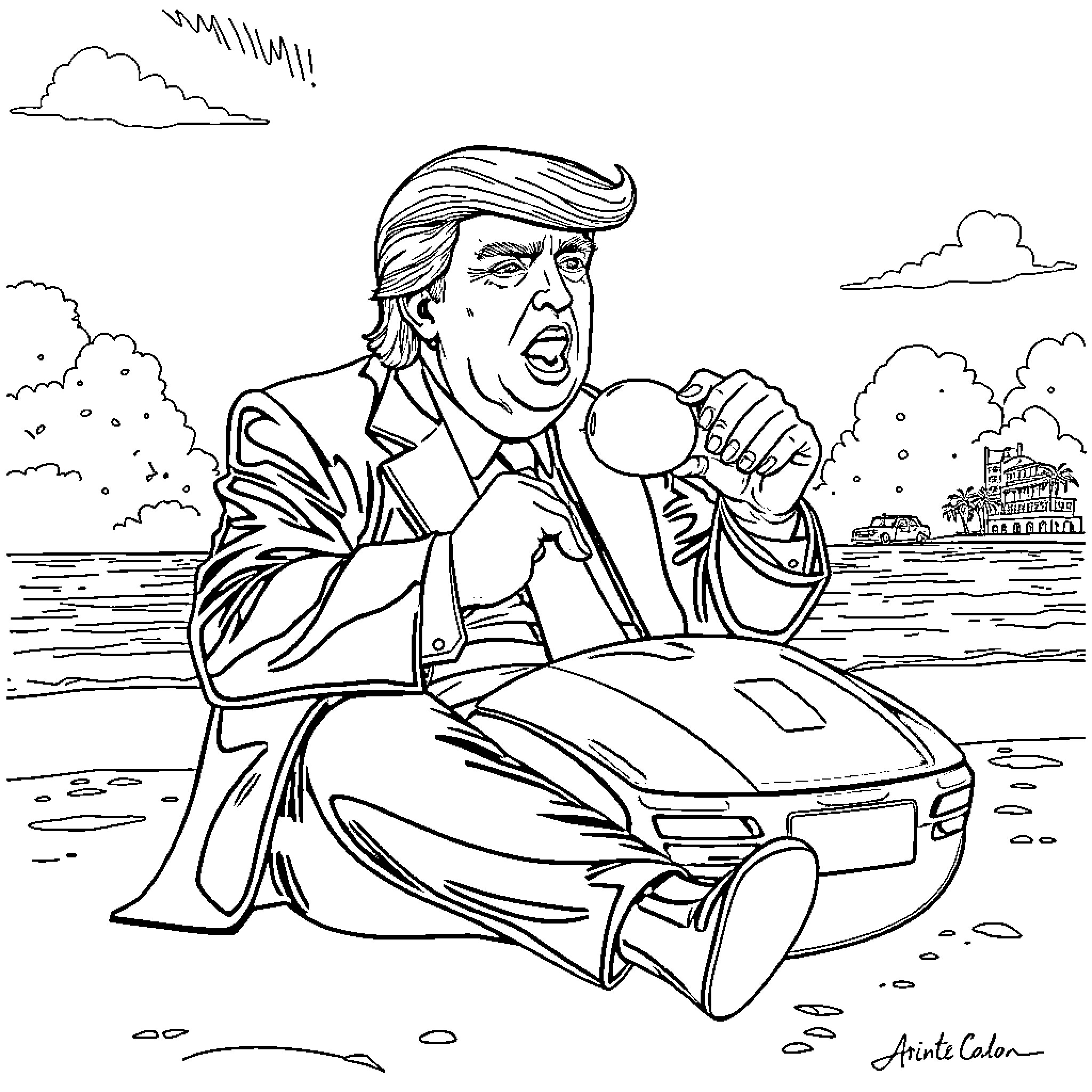 Donald Trump shouting angrily while sitting in a car Coloring Page (free black-and-white line drawing printable PDF for all, from beginners to advanced learners, including children, teens, adults, and seniors)