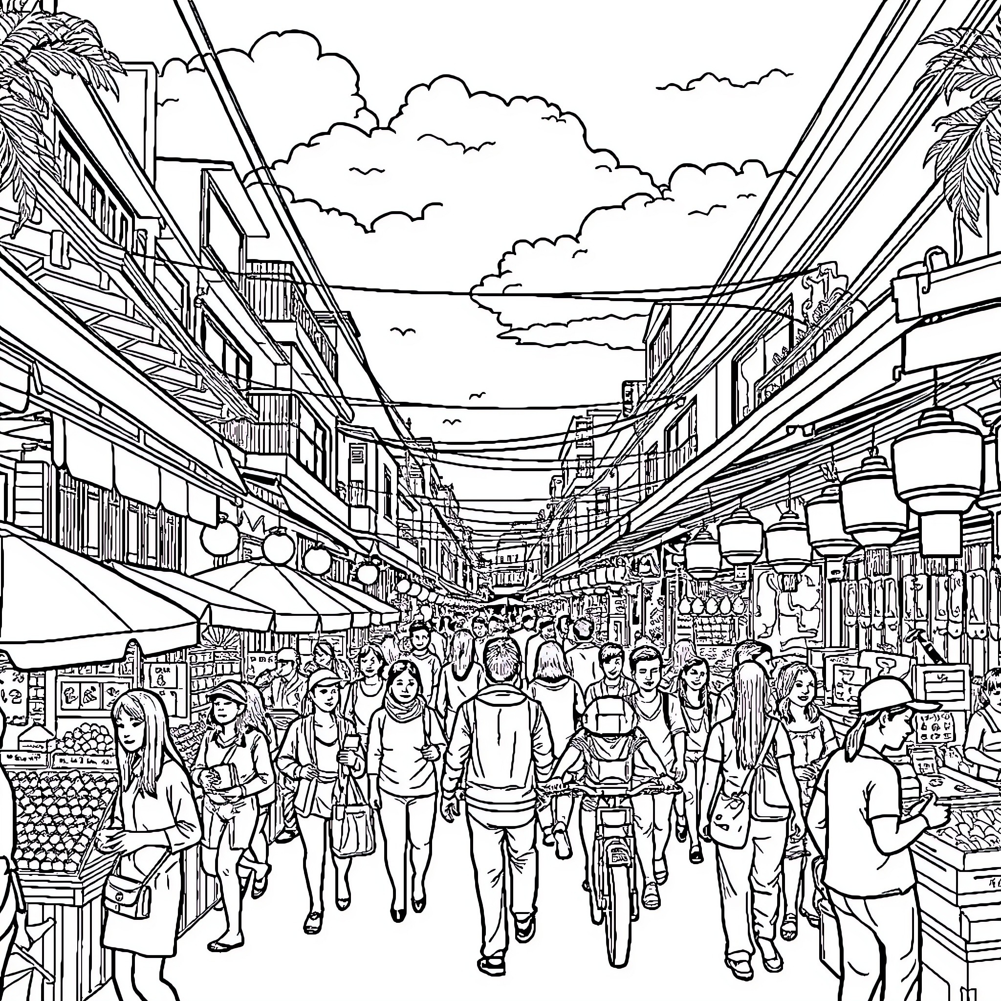 Tung Tung Bustling City Street with Lively Crowd Coloring Page (free black-and-white line drawing printable PDF for all, from beginners to advanced learners, including children, teens, adults, and seniors)