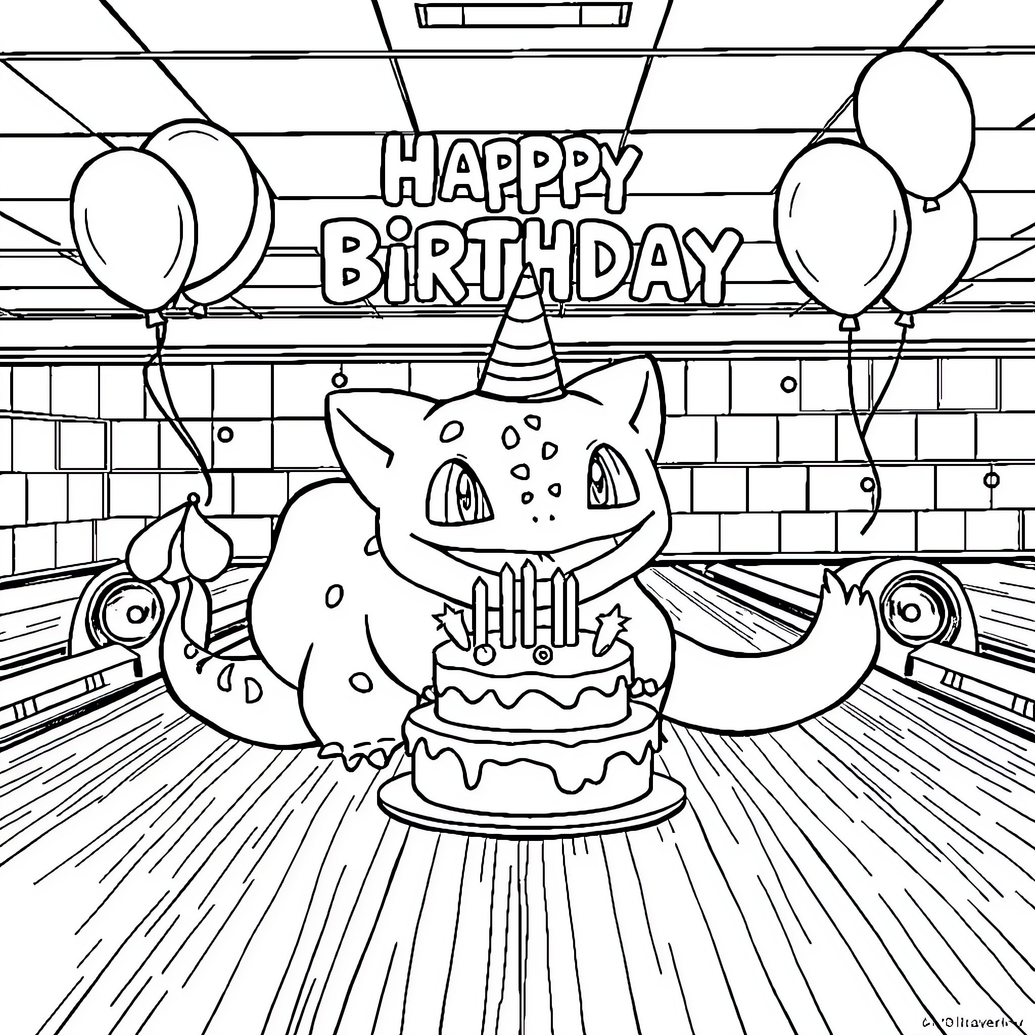 Bulbasaur celebrates a happy birthday party Coloring Page (free black-and-white line drawing printable PDF for all, from beginners to advanced learners, including children, teens, adults, and seniors)