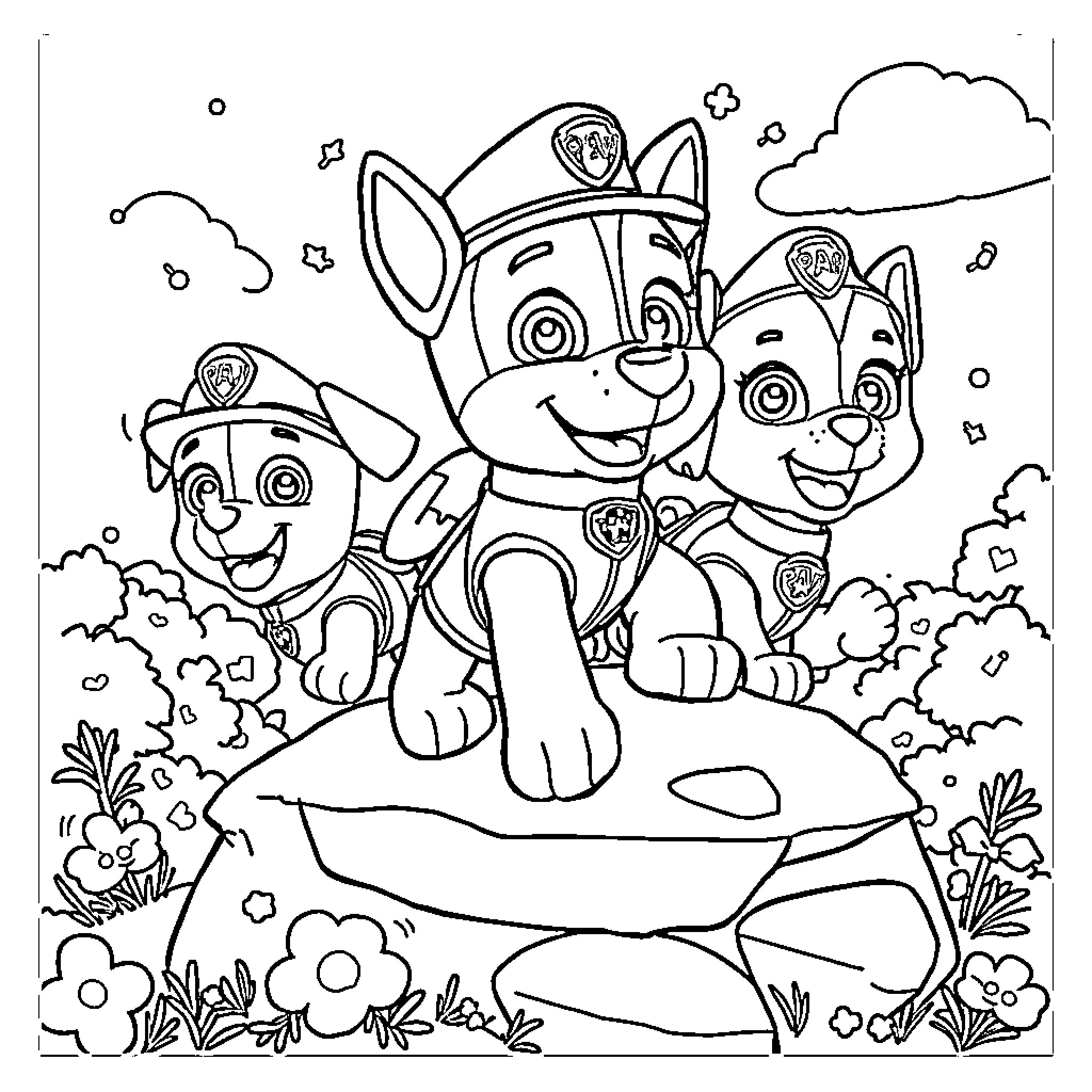 Paw Patrol pups on an adventure outdoors Coloring Page (free black-and-white line drawing printable PDF for all, from beginners to advanced learners, including children, teens, adults, and seniors)