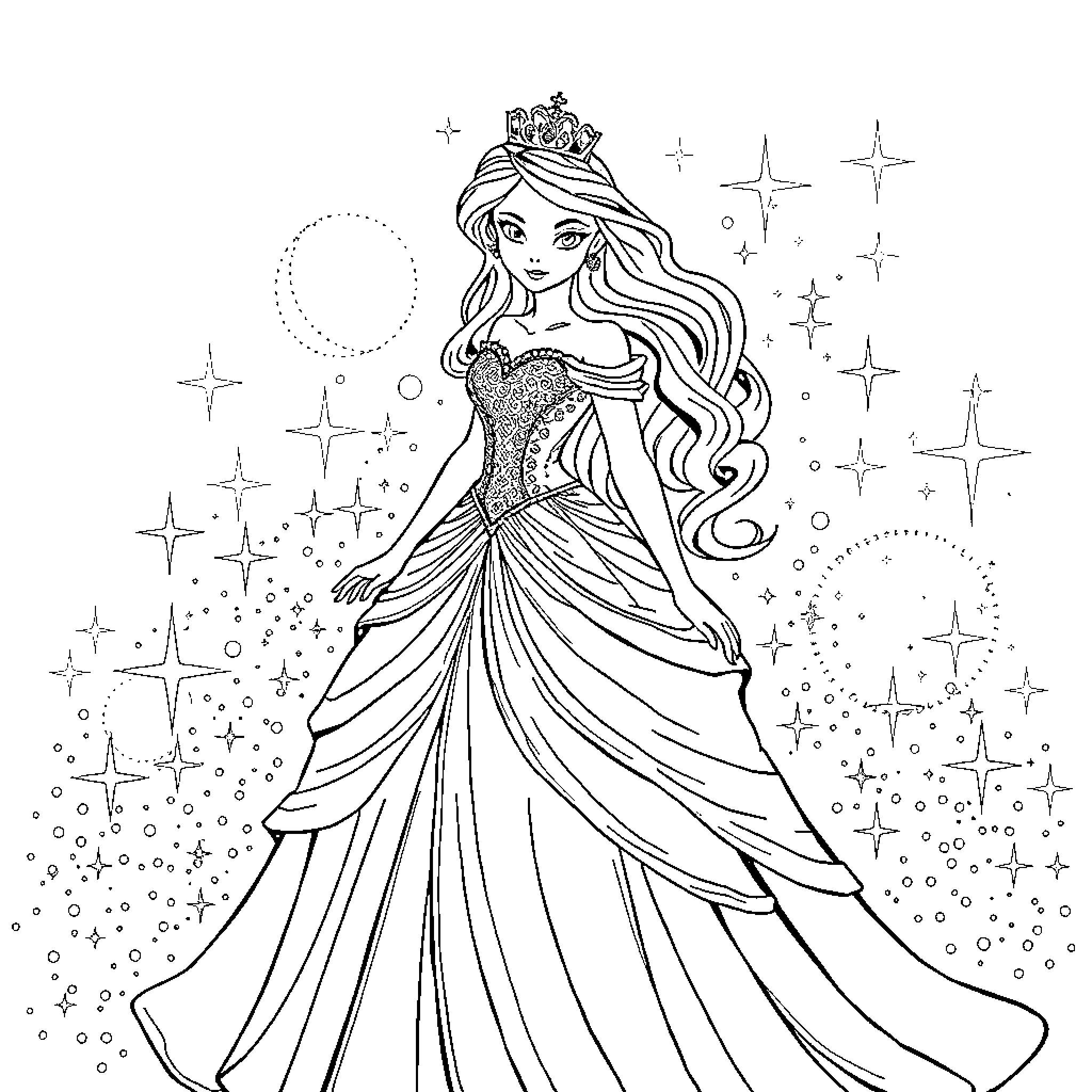 Princess in a Sparkling Gown and Crown Coloring Page (free black-and-white line drawing printable PDF for all, from beginners to advanced learners, including children, teens, adults, and seniors)