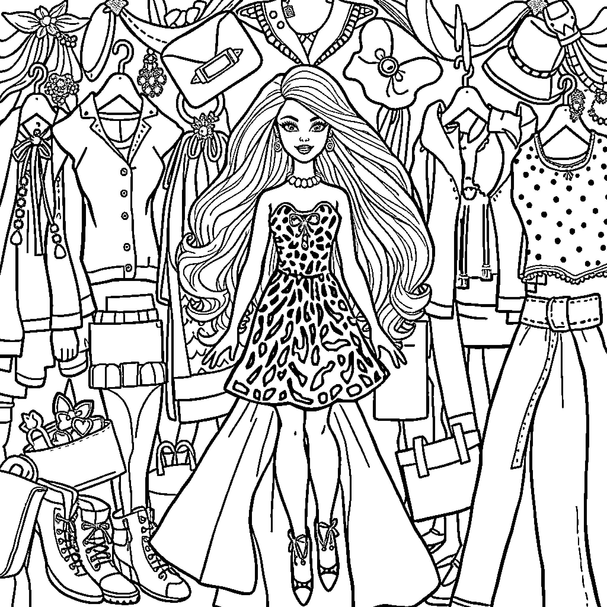 Barbie's Fashion Showcase Coloring Page (free black-and-white line drawing printable PDF for all, from beginners to advanced learners, including children, teens, adults, and seniors)