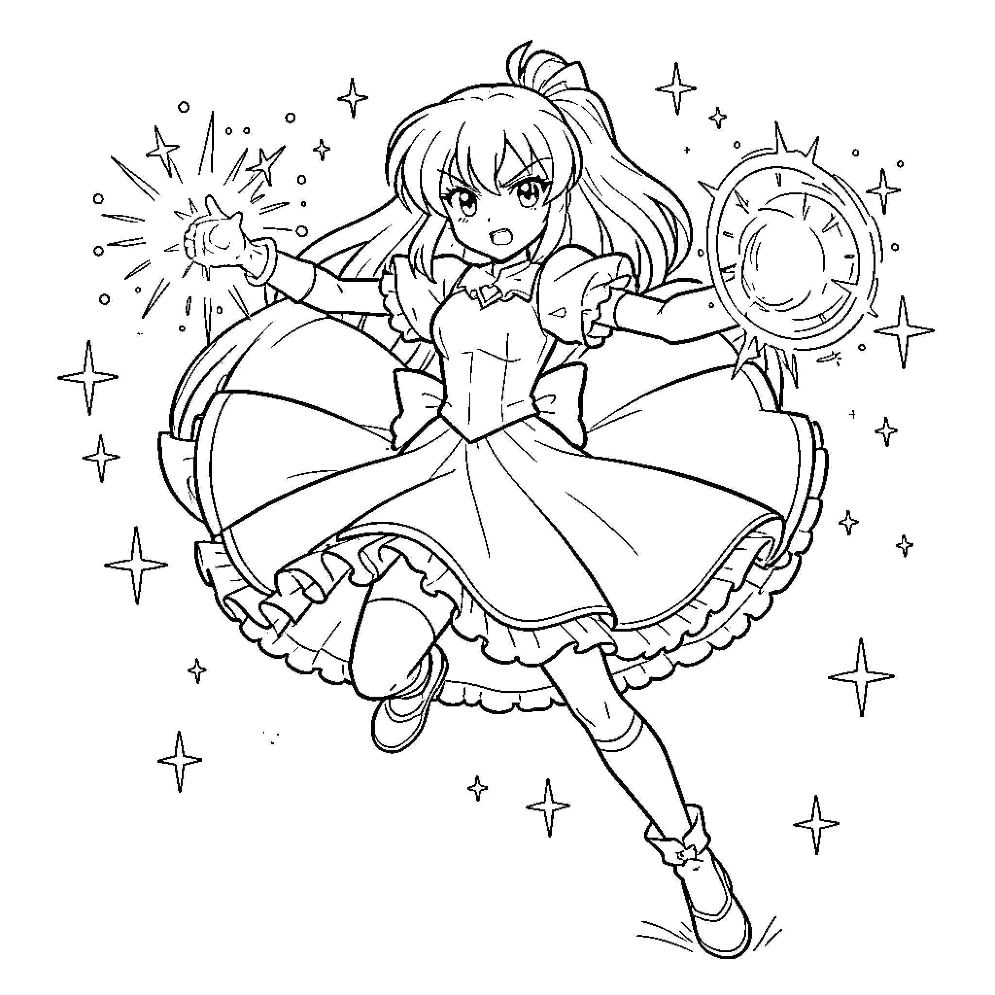 Magic Girl performing powerful spells with a determined expression Coloring Page (free black-and-white line drawing printable PDF for all, from beginners to advanced learners, including children, teens, adults, and seniors)