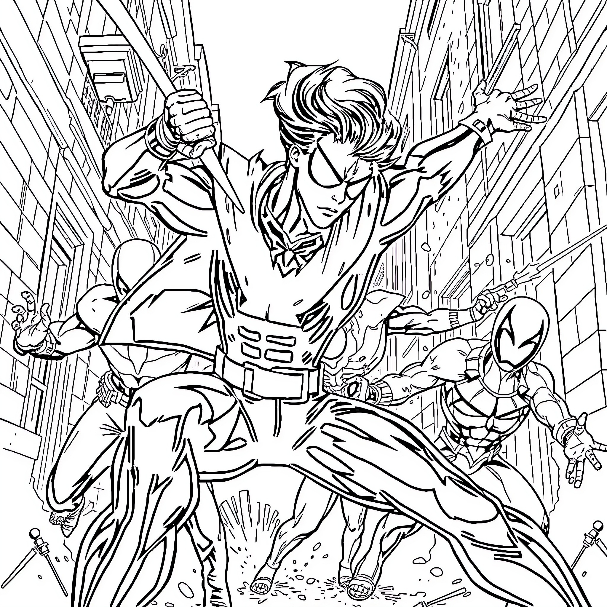 Miles Morales in High-Flying Superhero Action Coloring Page (free black-and-white line drawing printable PDF for all, from beginners to advanced learners, including children, teens, adults, and seniors)