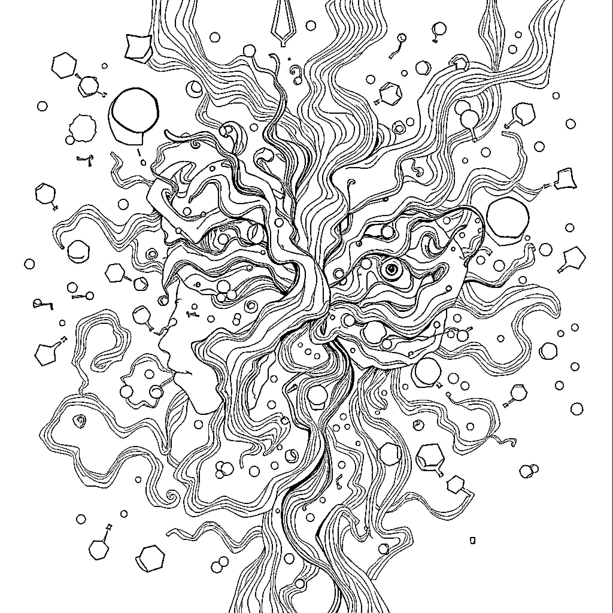 Brainrot: Chaotic Abstractions in Motion Coloring Page (free black-and-white line drawing printable PDF for all, from beginners to advanced learners, including children, teens, adults, and seniors)