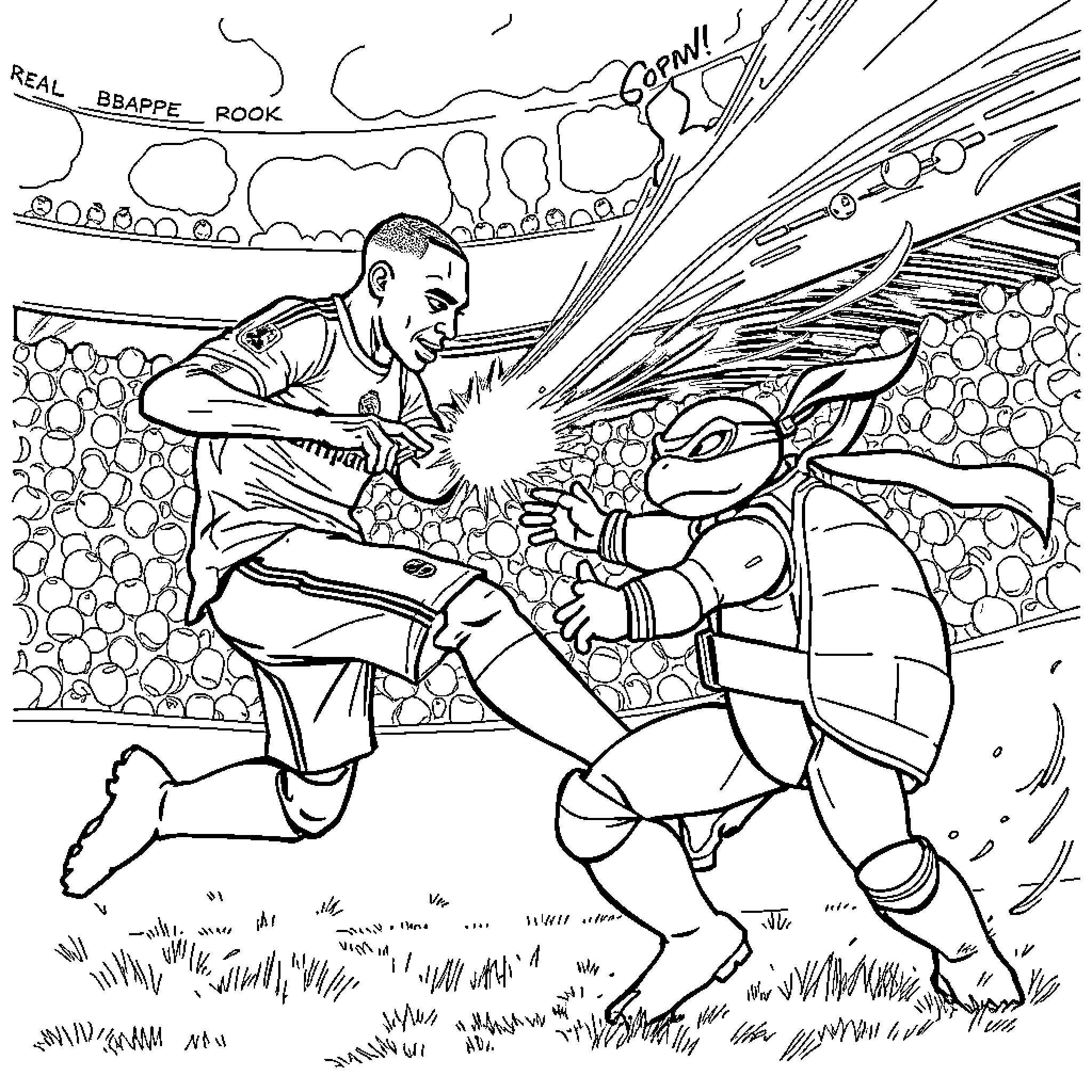 Mbappe's Fierce Clash on the Field Coloring Page (free black-and-white line drawing printable PDF for all, from beginners to advanced learners, including children, teens, adults, and seniors)