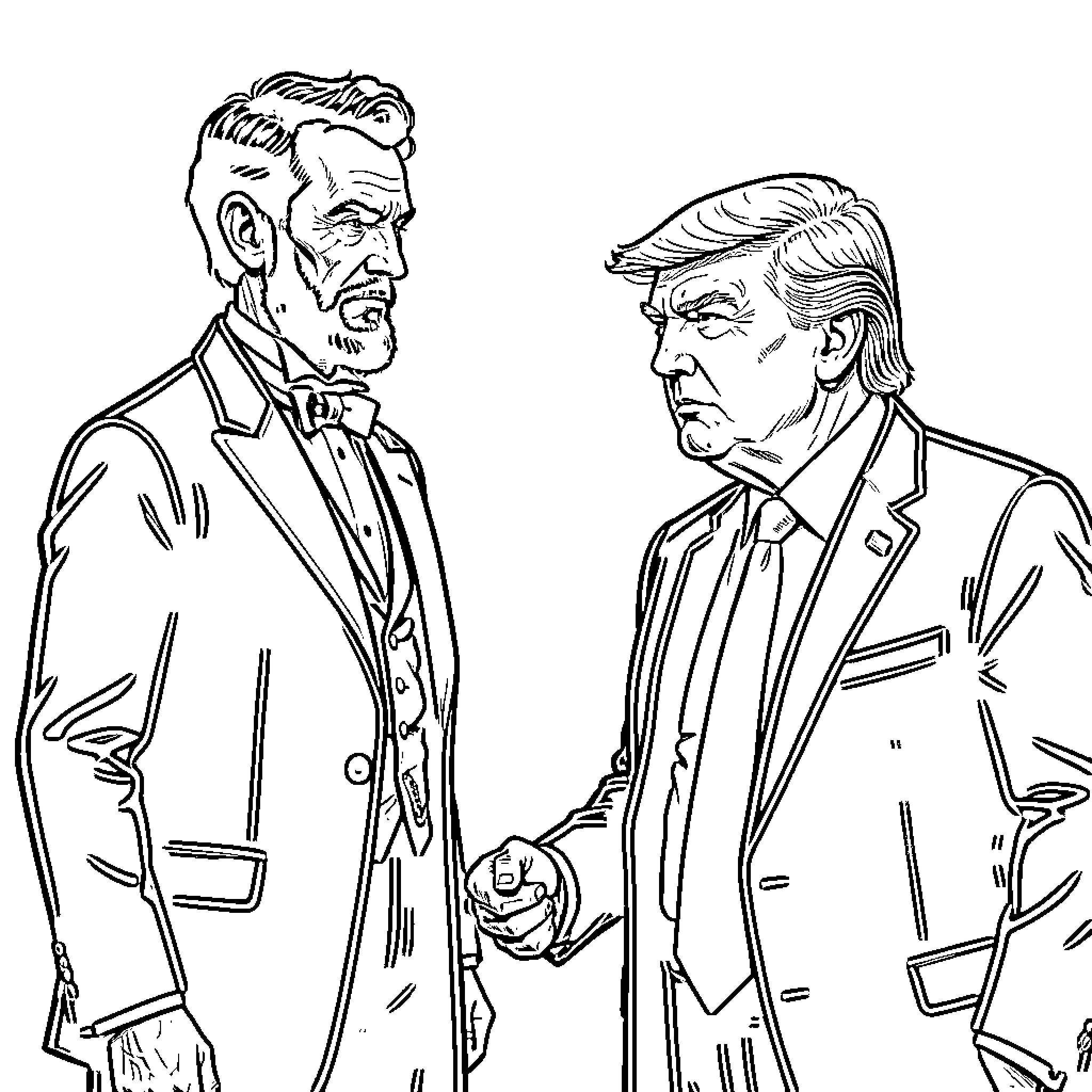 Abraham Lincoln and Donald Trump in formal attire Coloring Page (free black-and-white line drawing printable PDF for all, from beginners to advanced learners, including children, teens, adults, and seniors)