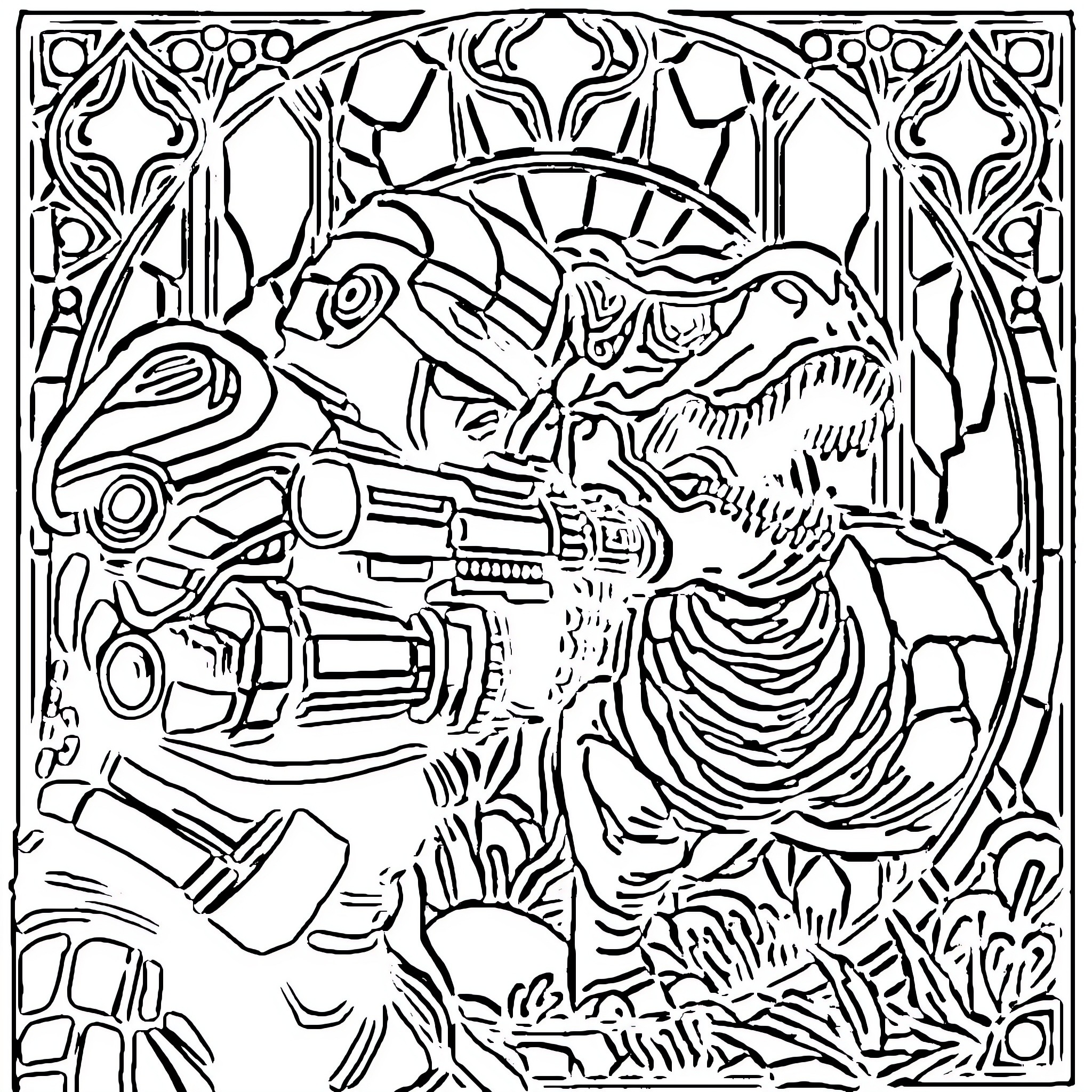 Robocop battling a futuristic dinosaur in a stylized environment Coloring Page (free black-and-white line drawing printable PDF for all, from beginners to advanced learners, including children, teens, adults, and seniors)
