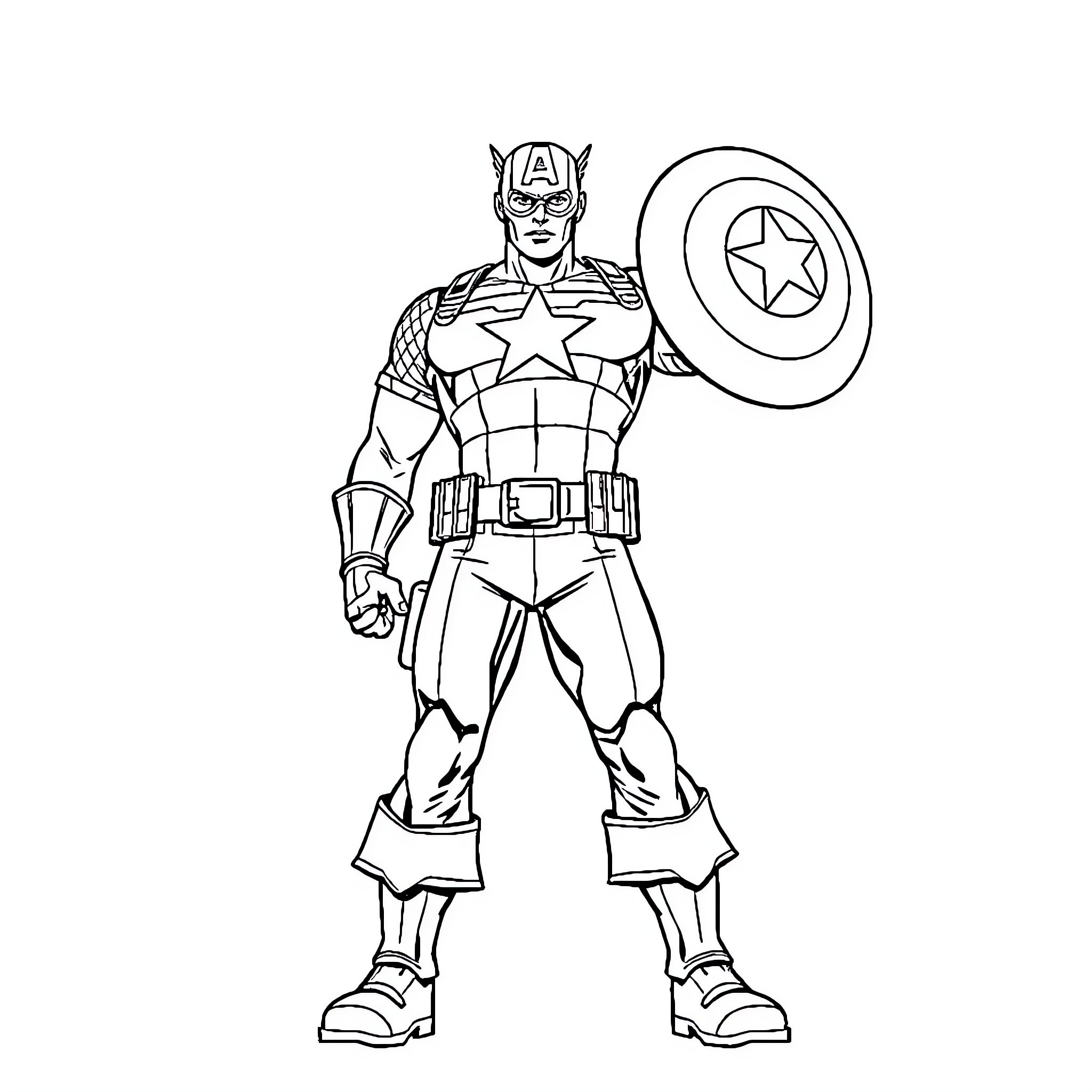 Captain America Heroically Stands Ready with Shield Coloring Page (free black-and-white line drawing printable PDF for all, from beginners to advanced learners, including children, teens, adults, and seniors)