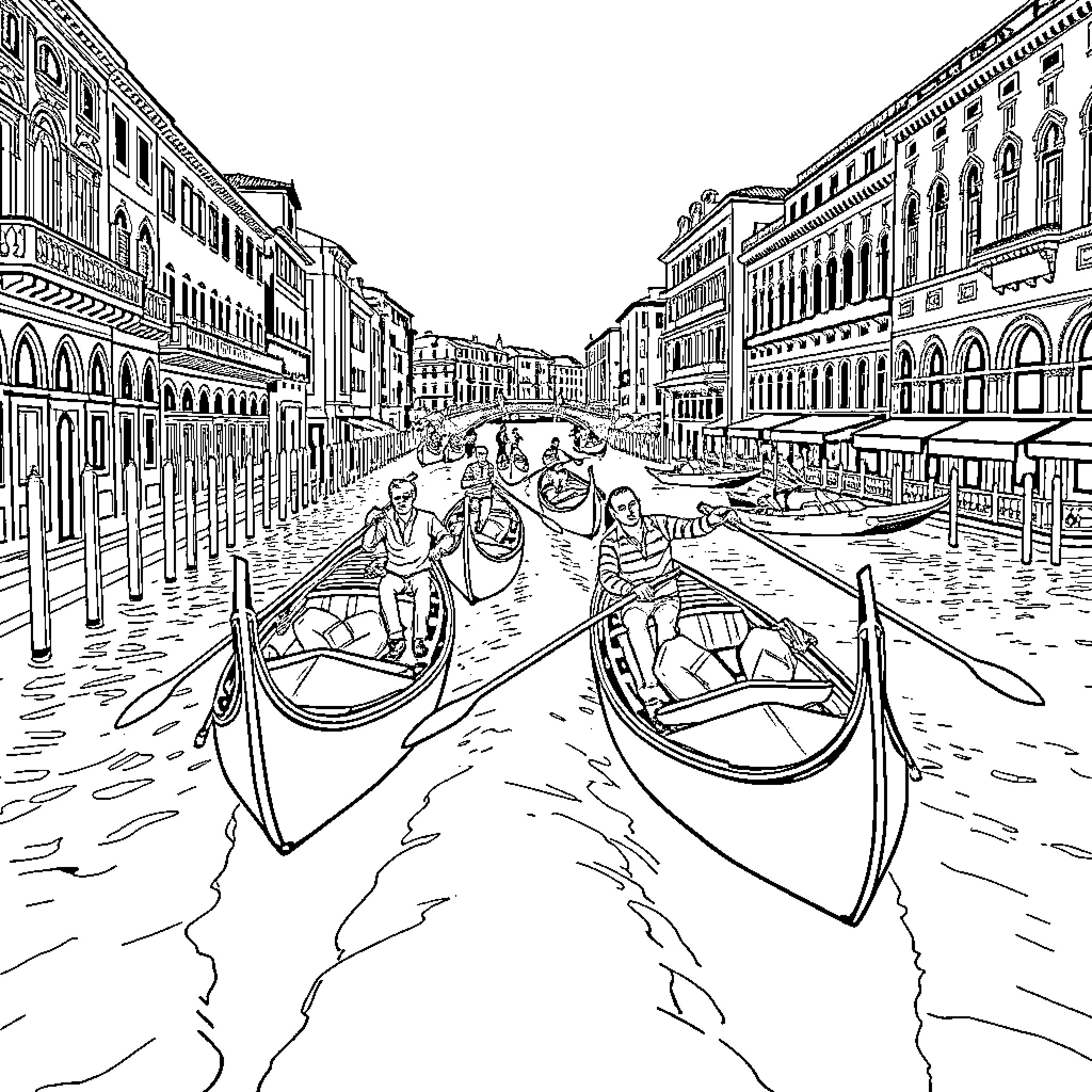 Gondola ride through the historic Venetian canals Coloring Page (free black-and-white line drawing printable PDF for all, from beginners to advanced learners, including children, teens, adults, and seniors)