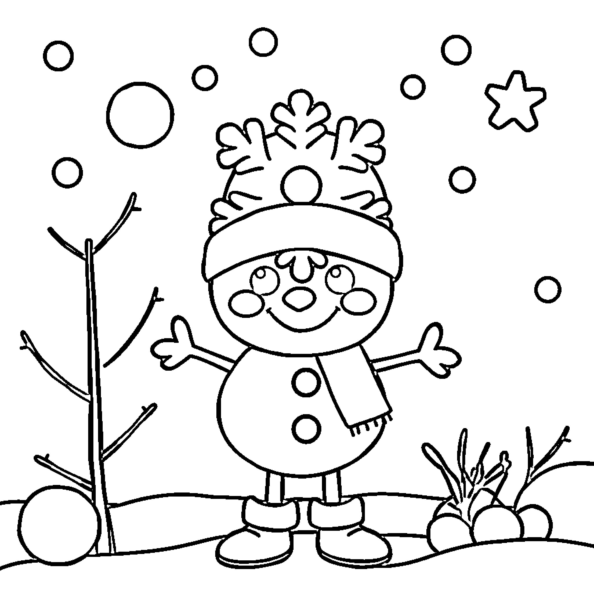 Snowflake the happy snowman in winter wonderland Coloring Page (free black-and-white line drawing printable PDF for all, from beginners to advanced learners, including children, teens, adults, and seniors)