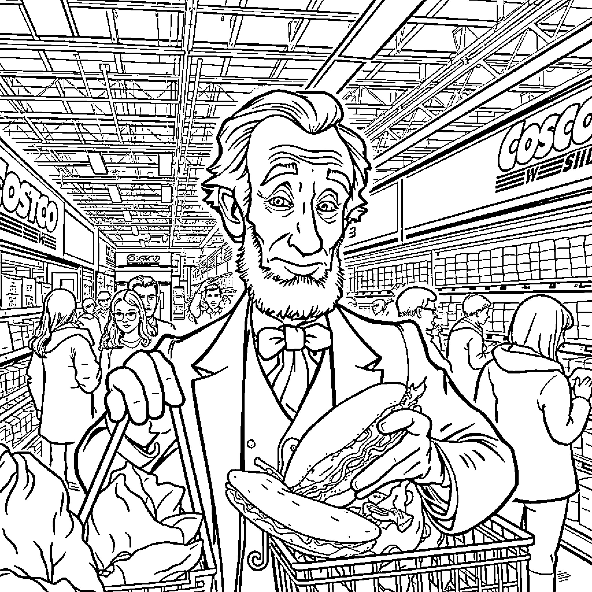 Abraham Lincoln Shopping in a Busy Grocery Store Coloring Page (free black-and-white line drawing printable PDF for all, from beginners to advanced learners, including children, teens, adults, and seniors)
