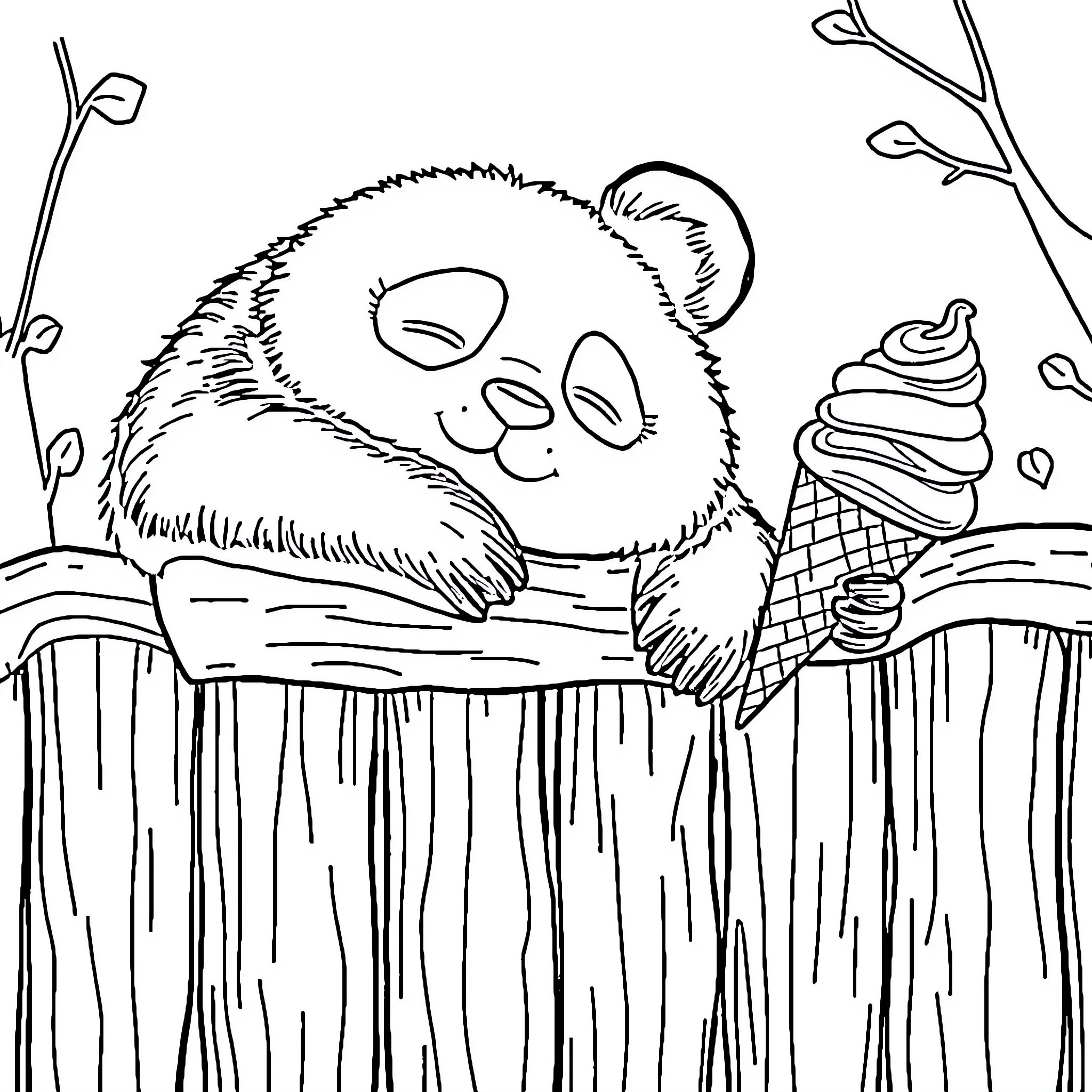 Panda enjoying an ice cream treat in nature Coloring Page (free black-and-white line drawing printable PDF for all, from beginners to advanced learners, including children, teens, adults, and seniors)