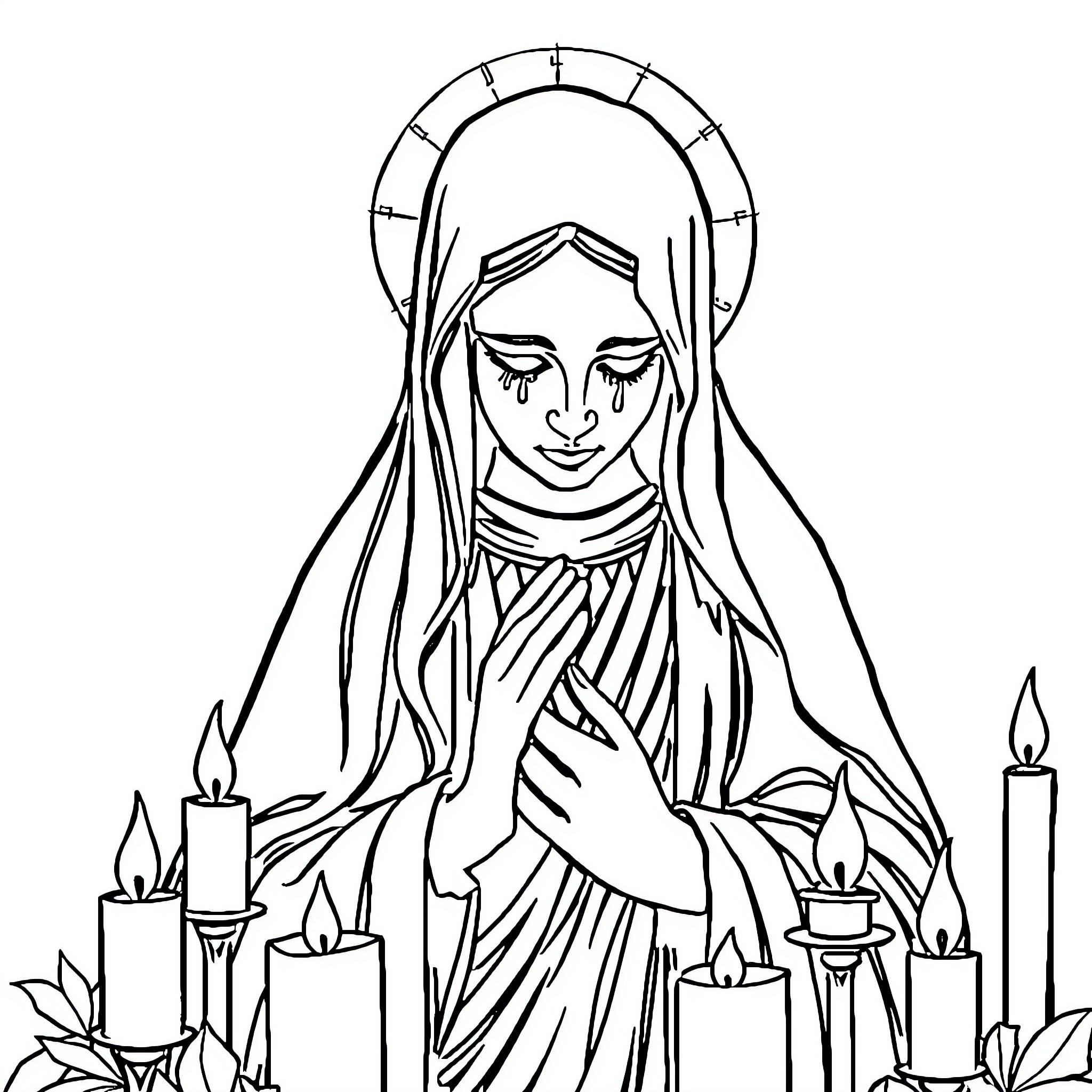 Lady of Sorrows praying with burning candles Coloring Page (free black-and-white line drawing printable PDF for all, from beginners to advanced learners, including children, teens, adults, and seniors)