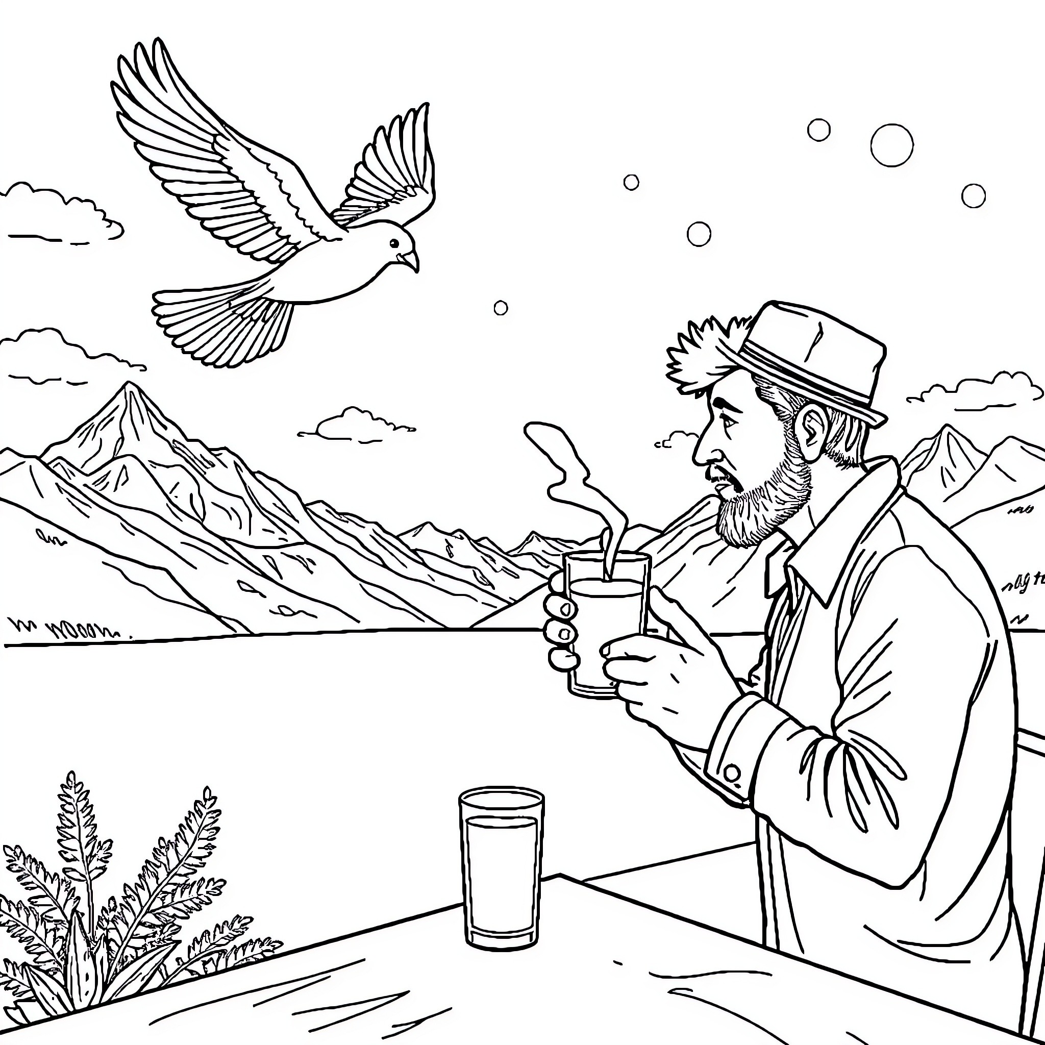 UFO sighting with peaceful hiker in the mountains Coloring Page (free black-and-white line drawing printable PDF for all, from beginners to advanced learners, including children, teens, adults, and seniors)