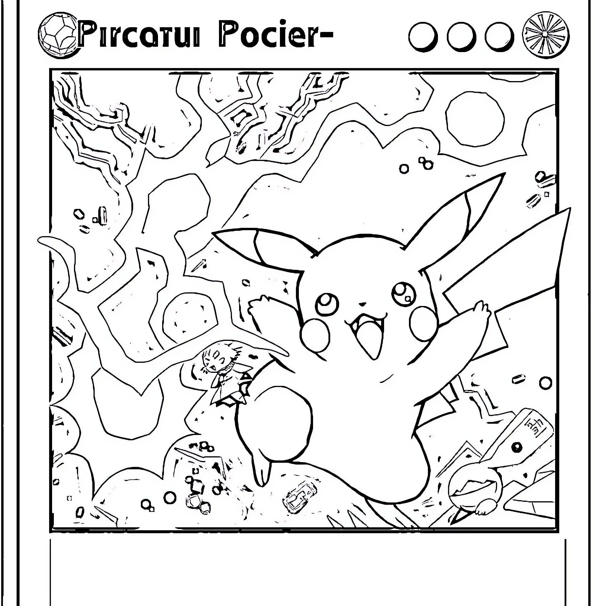 Pikachu playing in a fantastical world Coloring Page (free black-and-white line drawing printable PDF for all, from beginners to advanced learners, including children, teens, adults, and seniors)