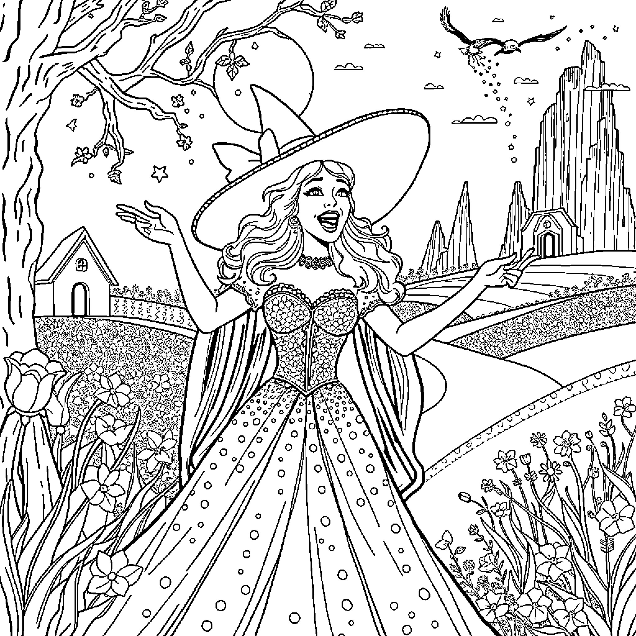 Wicked Glinda Joyfully Embraces Magical Enchantment Coloring Page (free black-and-white line drawing printable PDF for all, from beginners to advanced learners, including children, teens, adults, and seniors)
