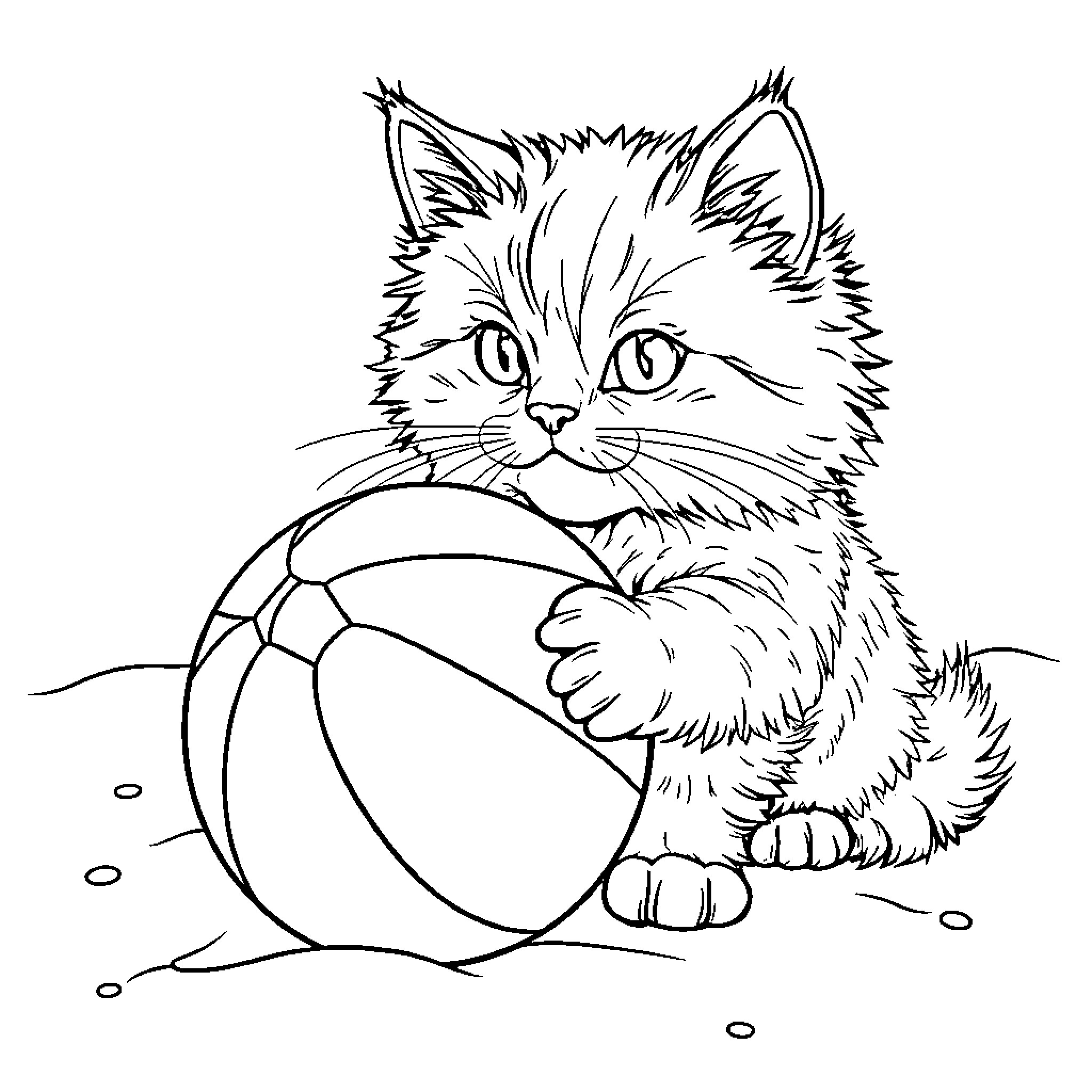Persian Cat Playing with Ball Coloring Page (free black-and-white line drawing printable PDF for all, from beginners to advanced learners, including children, teens, adults, and seniors)