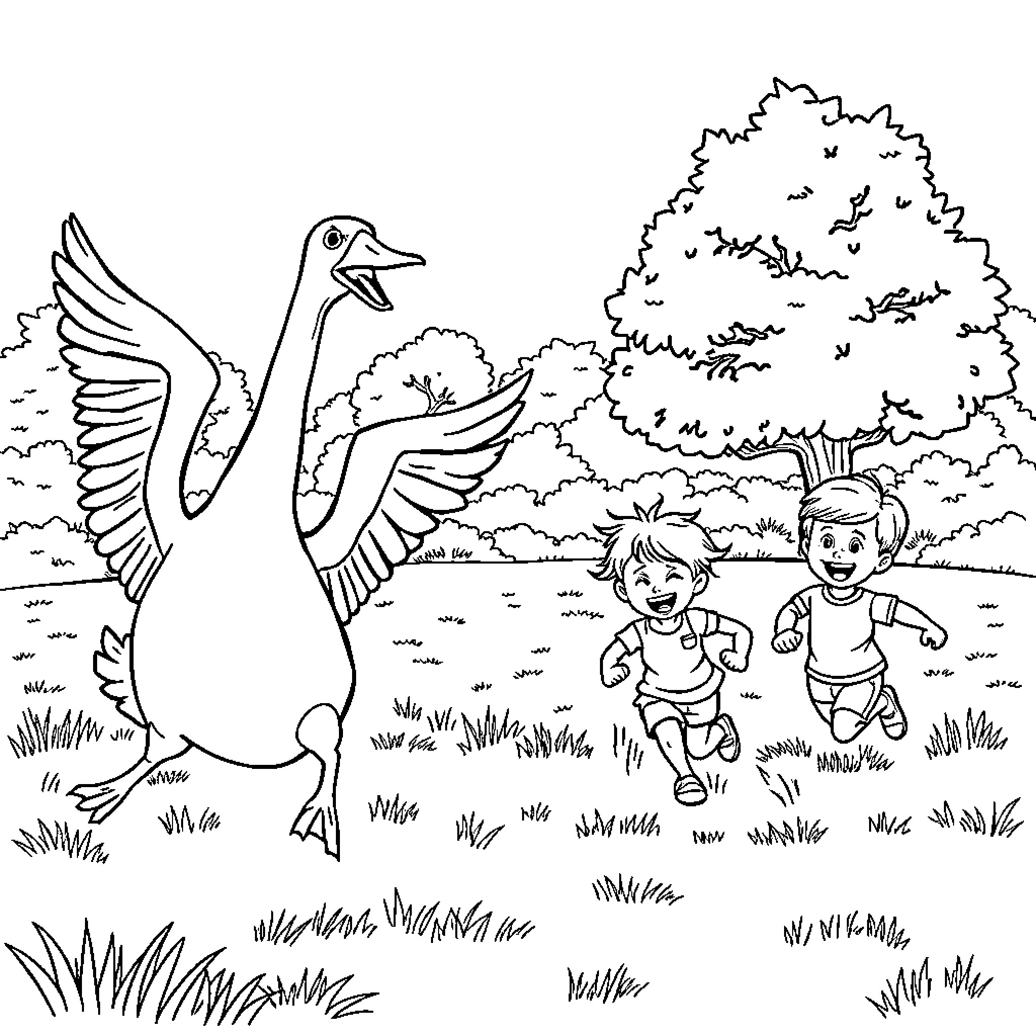 Goose spreading wings with children playing in nature Coloring Page (free black-and-white line drawing printable PDF for all, from beginners to advanced learners, including children, teens, adults, and seniors)
