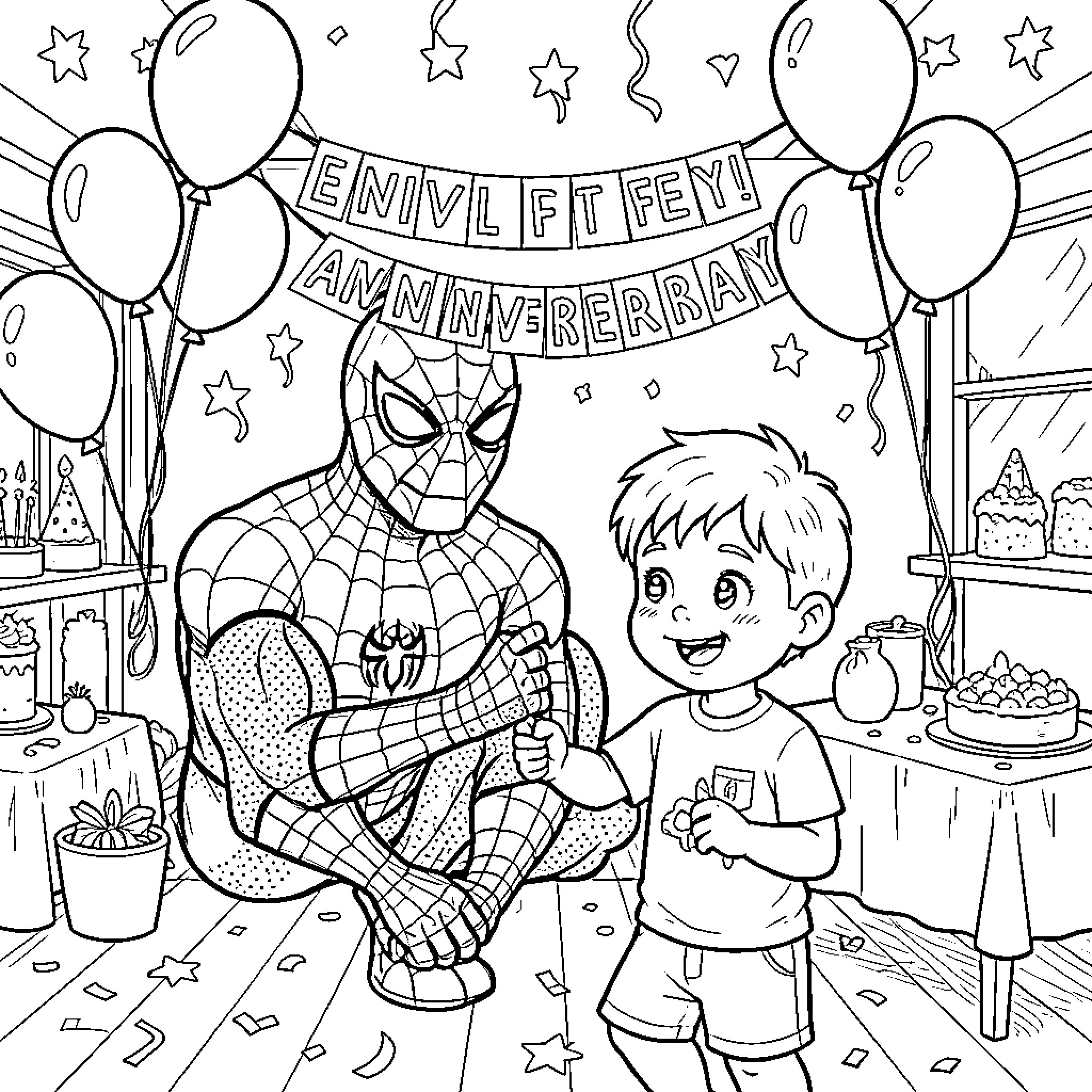 Spiderman celebrates a child's birthday party Coloring Page (free black-and-white line drawing printable PDF for all, from beginners to advanced learners, including children, teens, adults, and seniors)