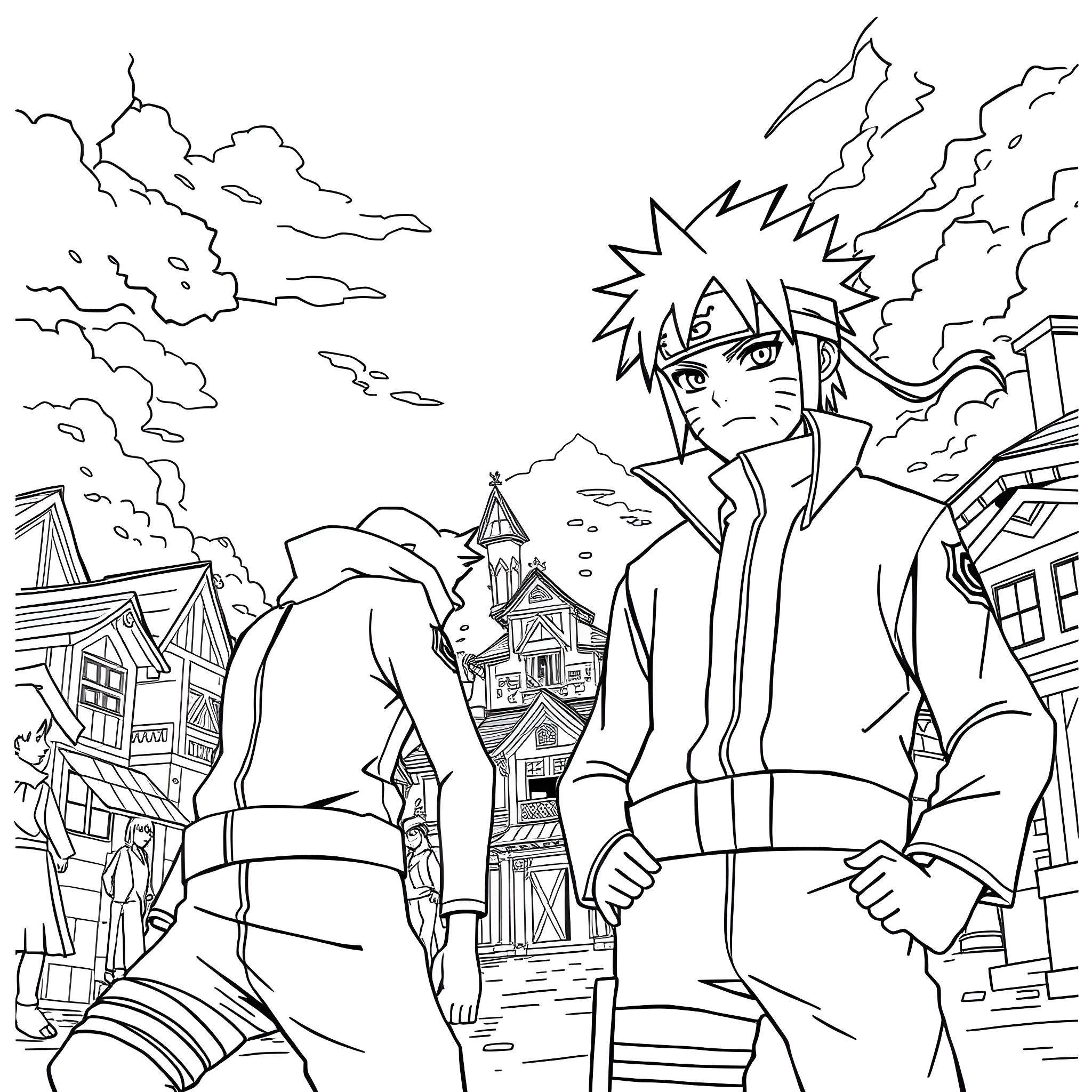 Naruto facing off in a battle scene Coloring Page (free black-and-white line drawing printable PDF for all, from beginners to advanced learners, including children, teens, adults, and seniors)