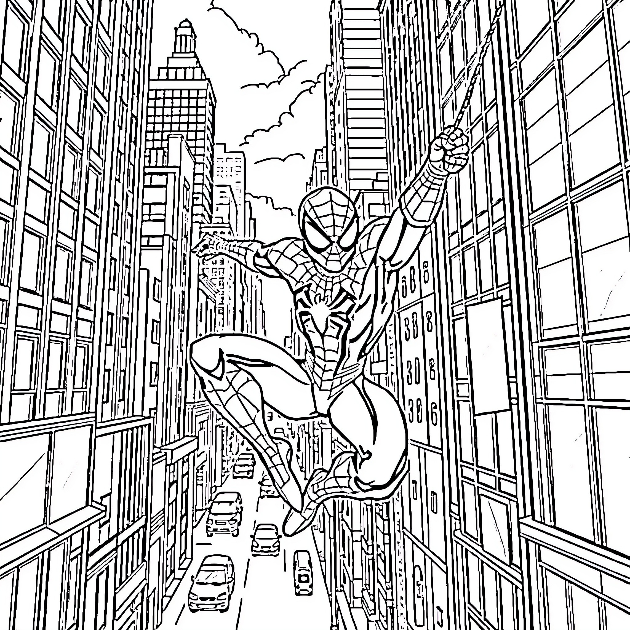 Spider-Man swinging through the city skyline Coloring Page (free black-and-white line drawing printable PDF for all, from beginners to advanced learners, including children, teens, adults, and seniors)