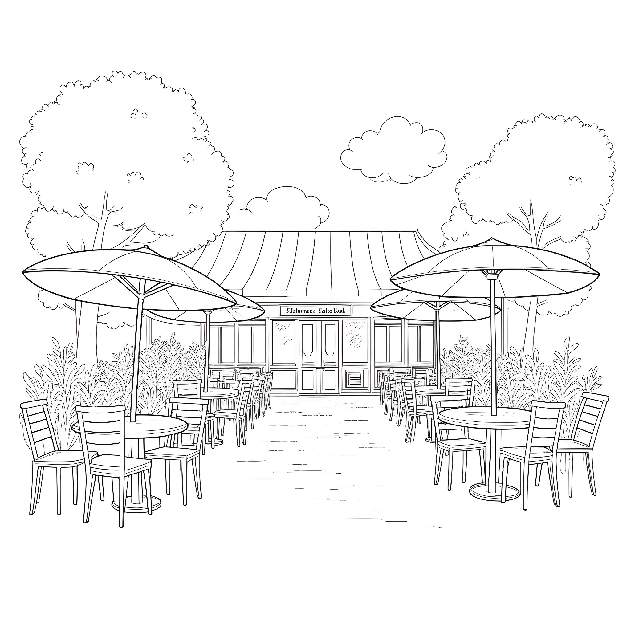 Restaurant with outdoor seating and umbrellas Coloring Page (free black-and-white line drawing printable PDF for all, from beginners to advanced learners, including children, teens, adults, and seniors)