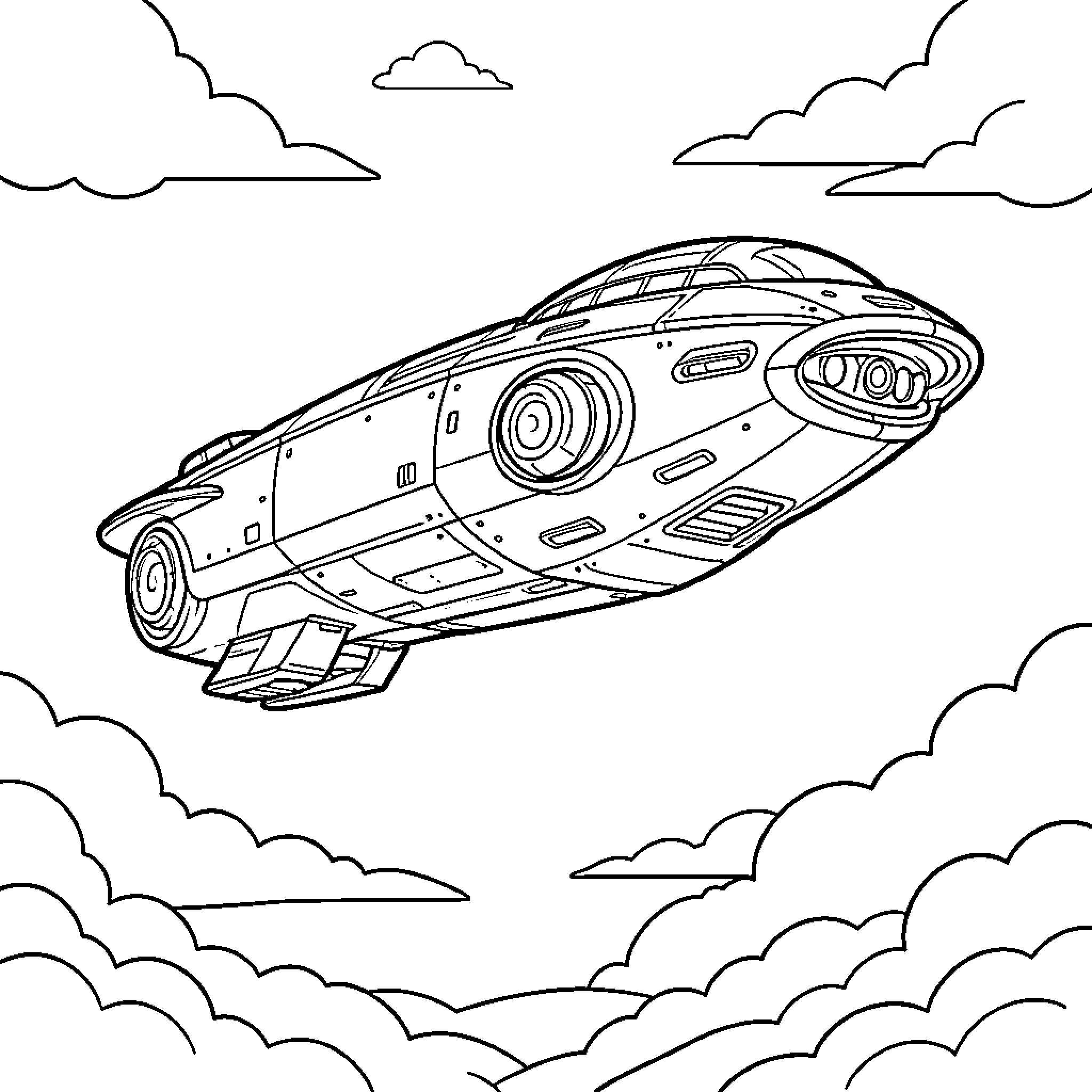 UFO flying through the clouds in the sky Coloring Page (free black-and-white line drawing printable PDF for all, from beginners to advanced learners, including children, teens, adults, and seniors)