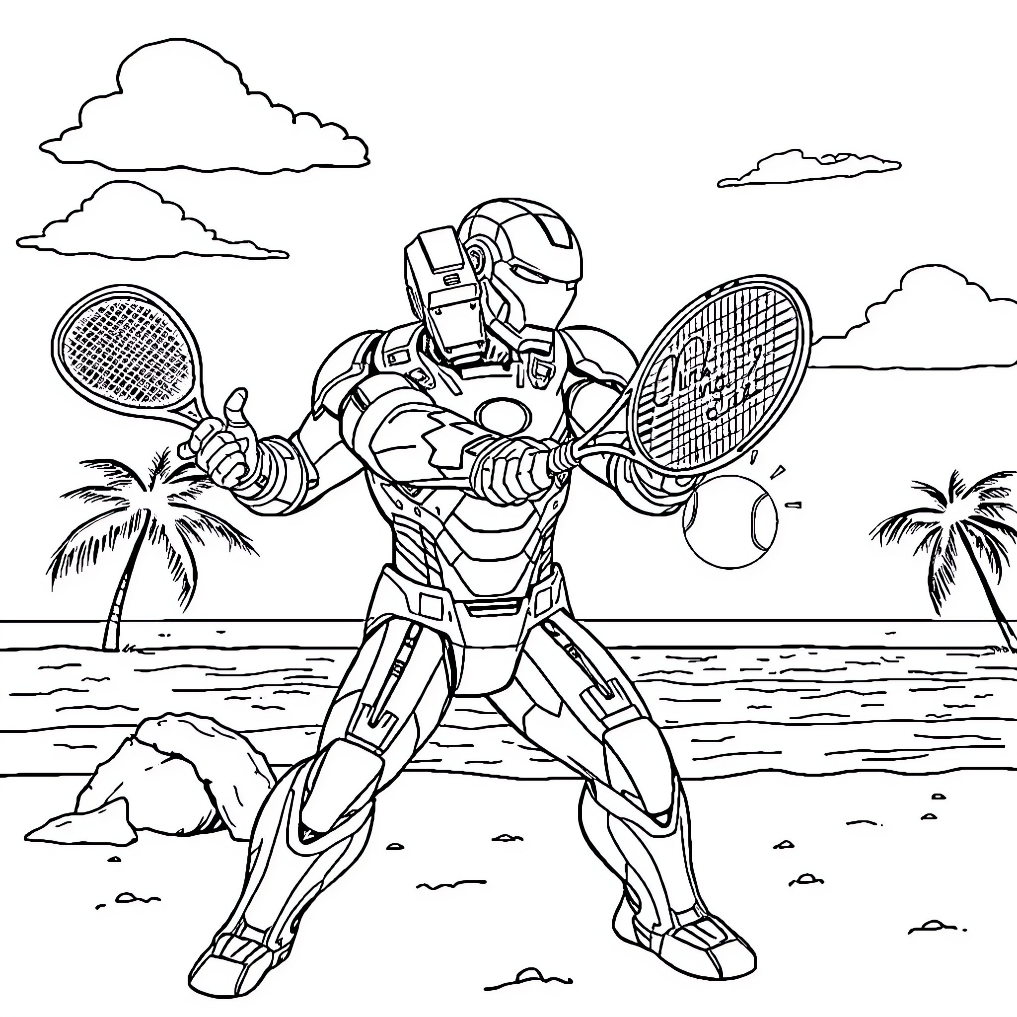 Iron Man Playing Tennis on the Beach Coloring Page (free black-and-white line drawing printable PDF for all, from beginners to advanced learners, including children, teens, adults, and seniors)