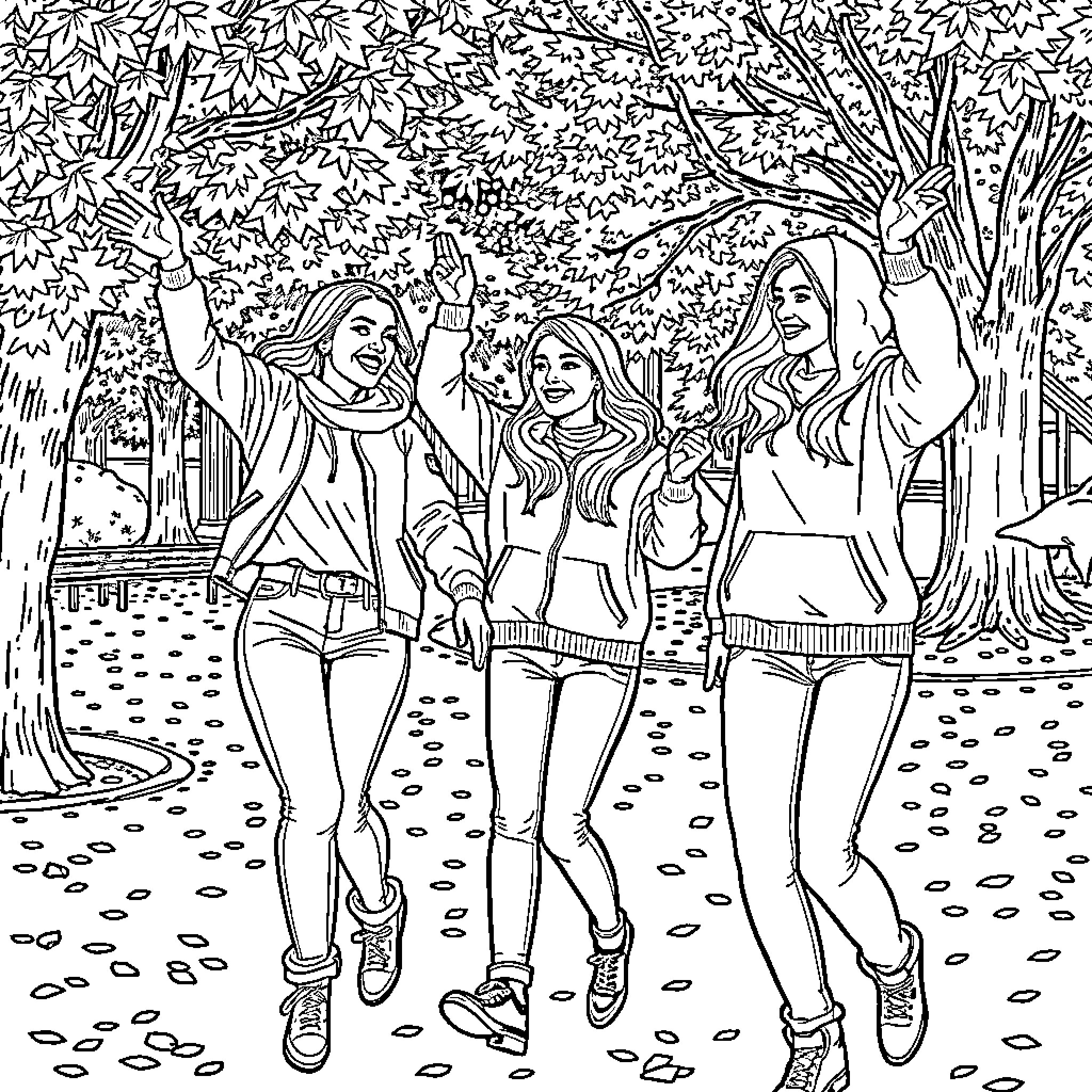 Women enjoying nature and friendship in the park Coloring Page (free black-and-white line drawing printable PDF for all, from beginners to advanced learners, including children, teens, adults, and seniors)