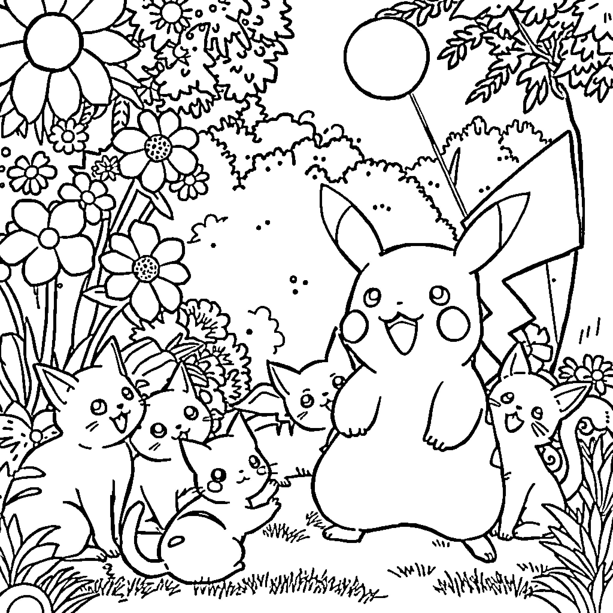 Pikachu and Friends Explore Vibrant Flower Garden Coloring Page (free black-and-white line drawing printable PDF for all, from beginners to advanced learners, including children, teens, adults, and seniors)