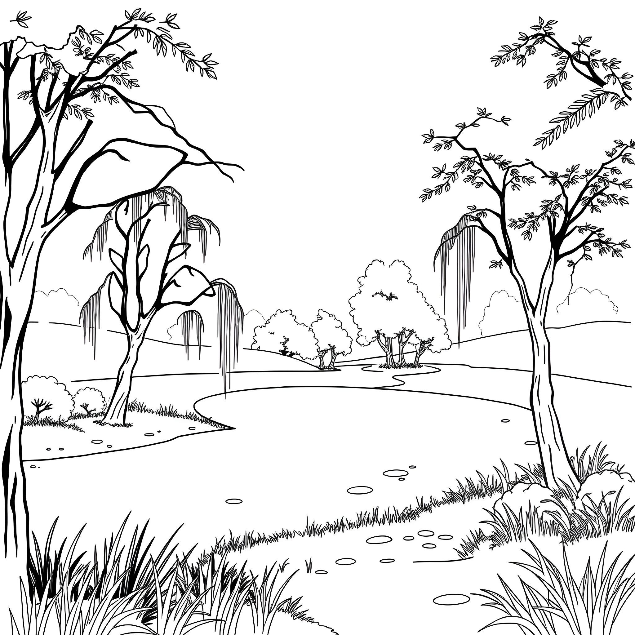 Can You Make It Less Busy Nature Landscape Coloring Page (free black-and-white line drawing printable PDF for all, from beginners to advanced learners, including children, teens, adults, and seniors)