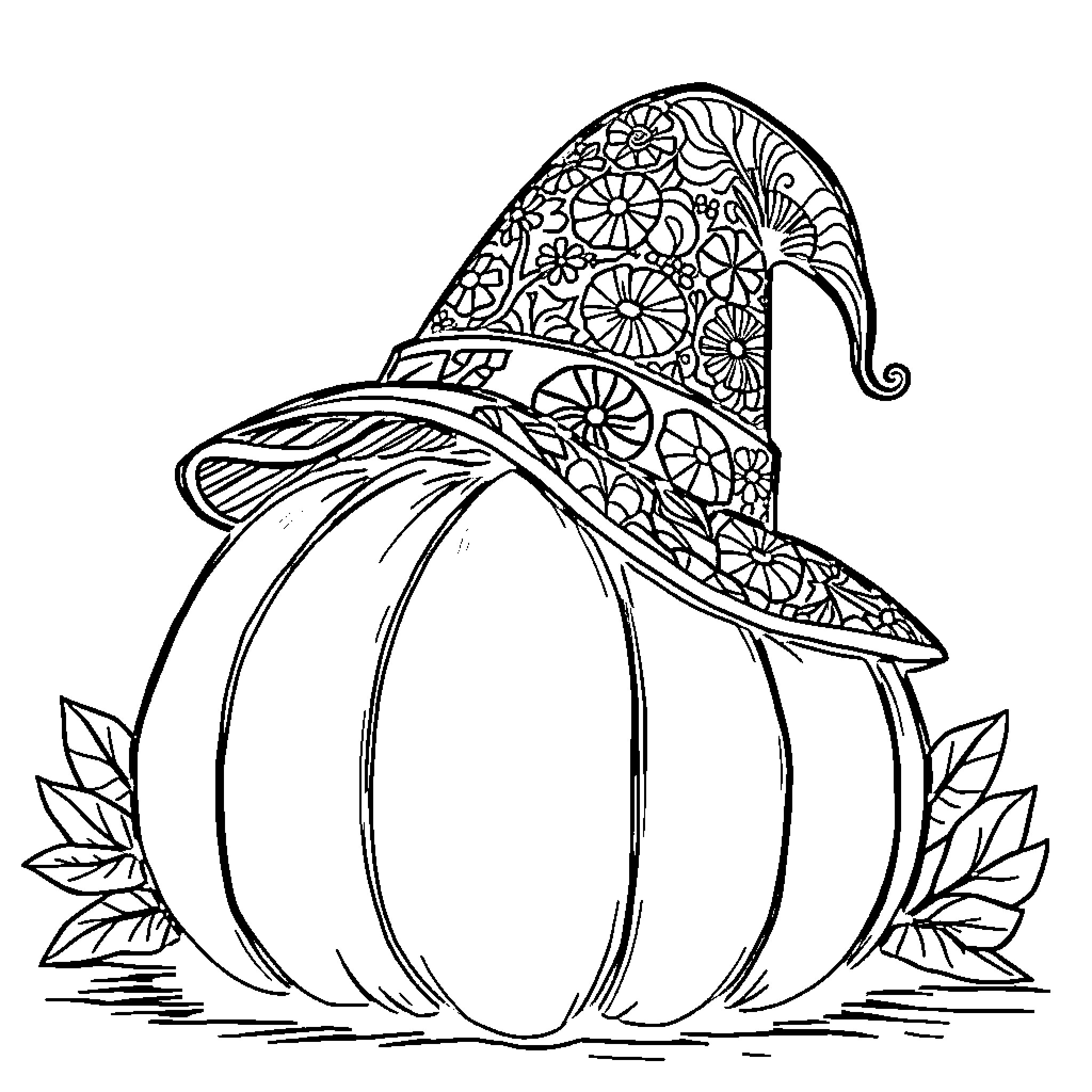 Pumpkin with Ornate Witch Hat and Leaves Coloring Page (free black-and-white line drawing printable PDF for all, from beginners to advanced learners, including children, teens, adults, and seniors)
