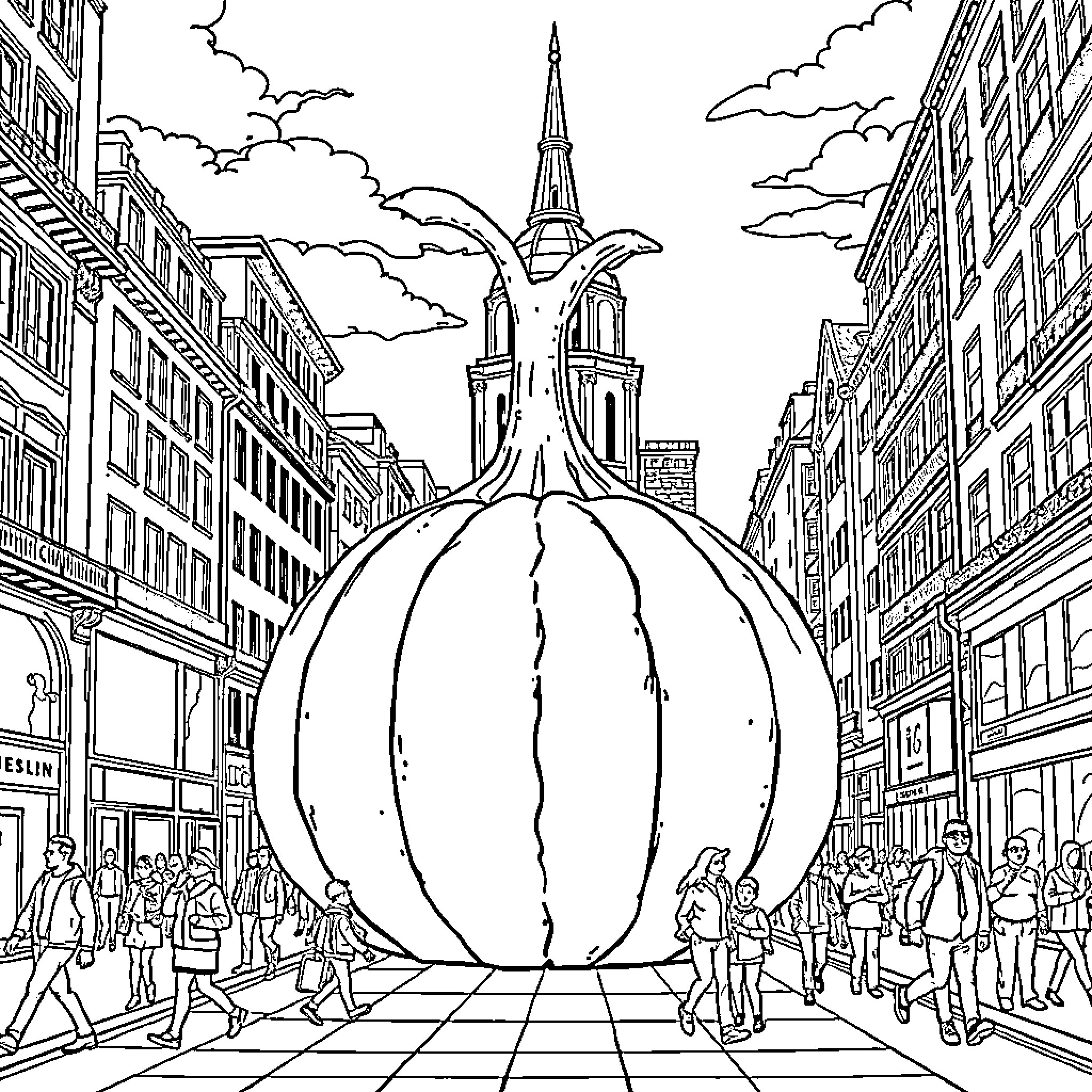Pumpkin-Shaped Building in Bustling City Coloring Page (free black-and-white line drawing printable PDF for all, from beginners to advanced learners, including children, teens, adults, and seniors)