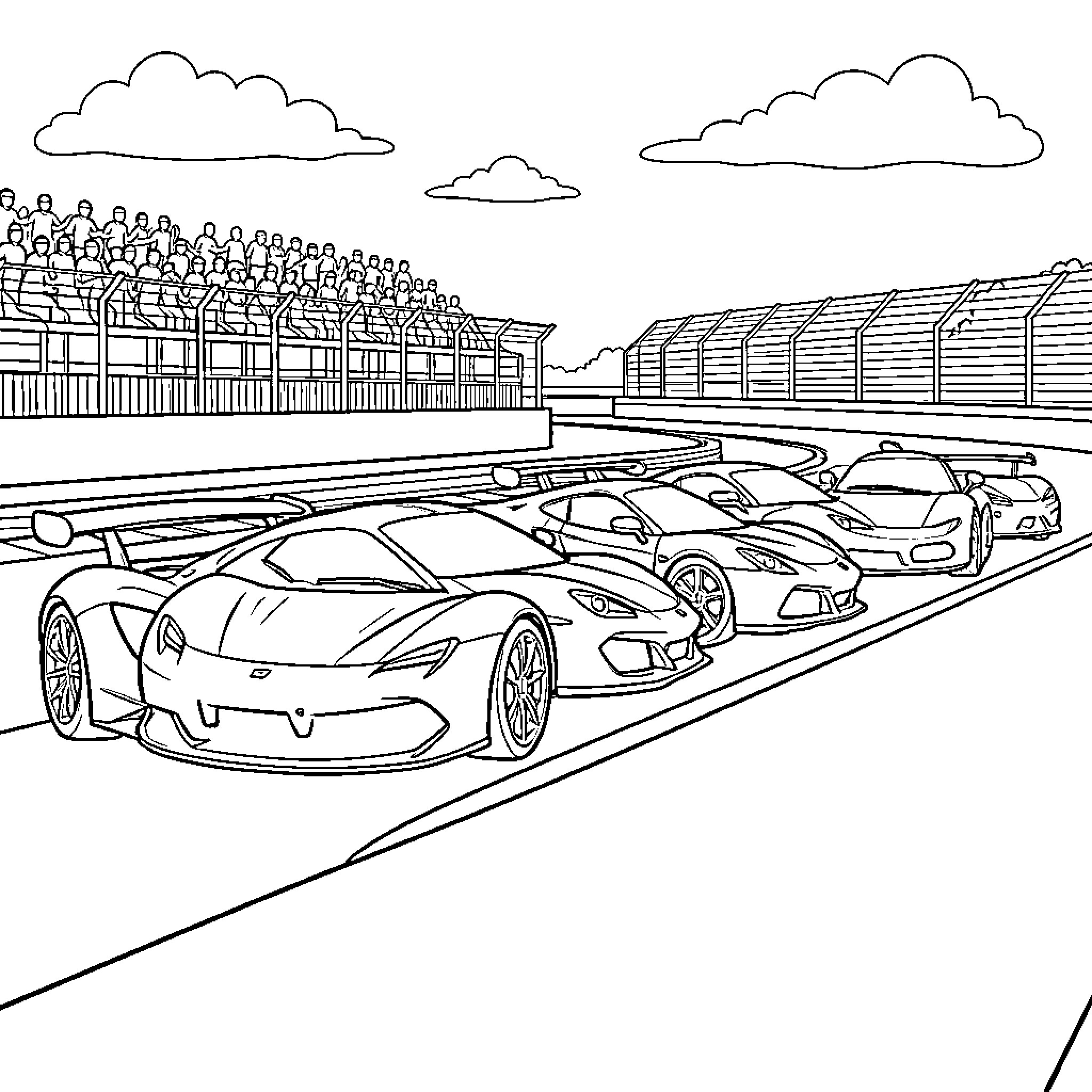 Sports Car racing on a track before a crowd Coloring Page (free black-and-white line drawing printable PDF for all, from beginners to advanced learners, including children, teens, adults, and seniors)