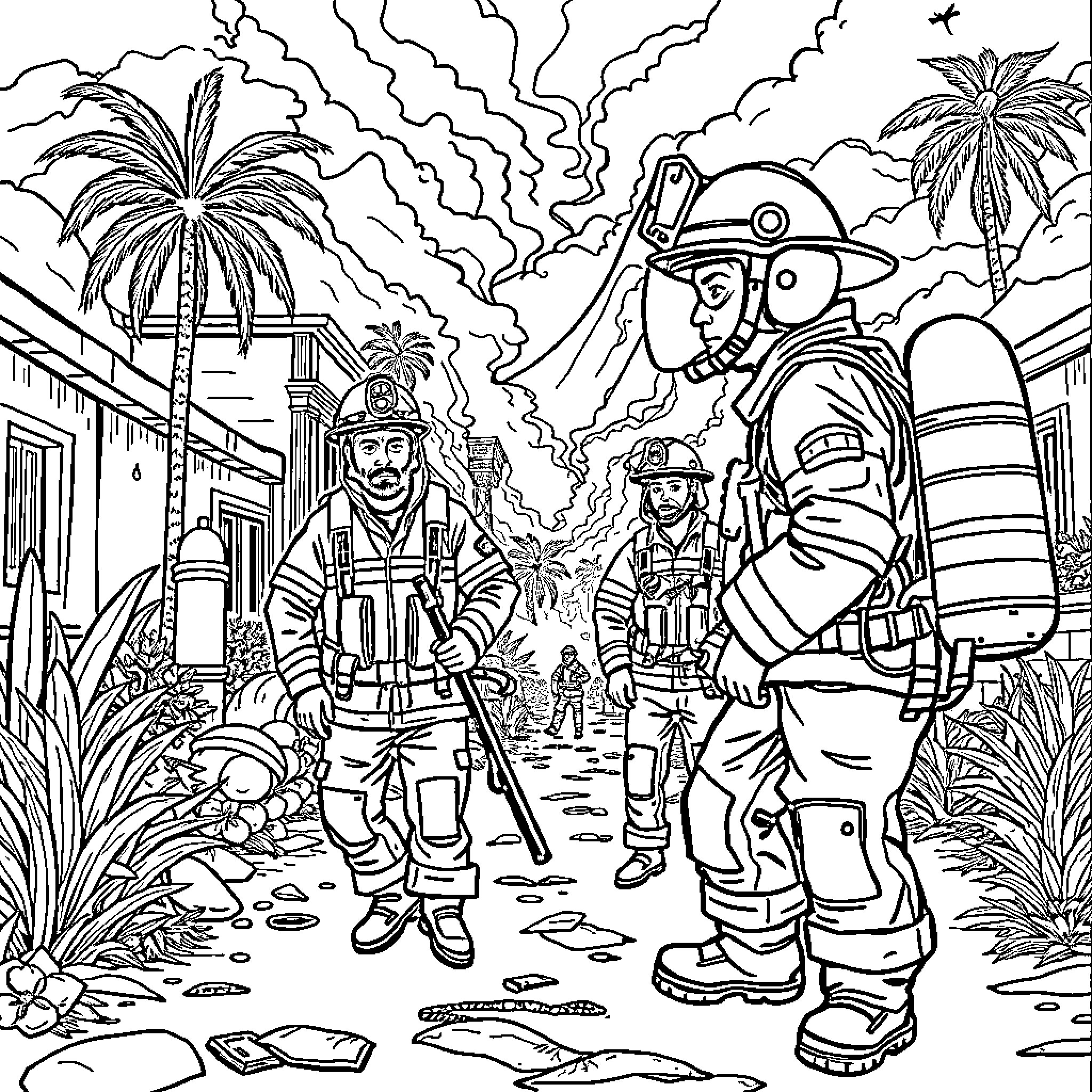 Firefighters responding to an emergency in a tropical setting Coloring Page (free black-and-white line drawing printable PDF for all, from beginners to advanced learners, including children, teens, adults, and seniors)