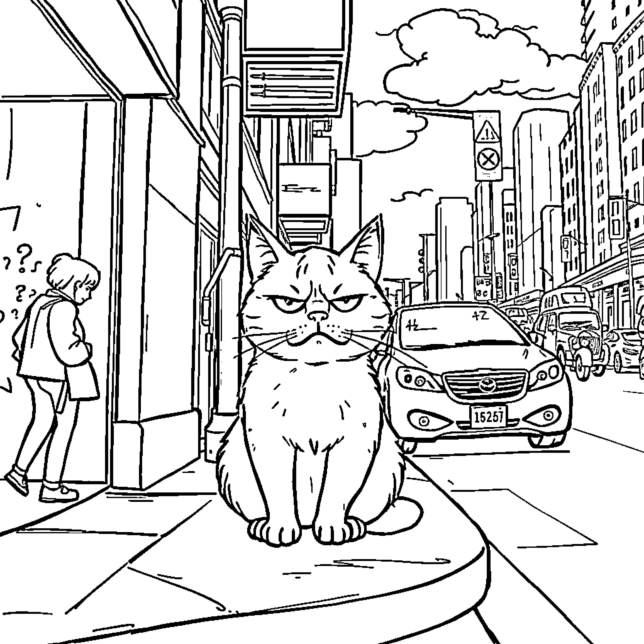 Cat observing the busy city street Coloring Page (free black-and-white line drawing printable PDF for all, from beginners to advanced learners, including children, teens, adults, and seniors)
