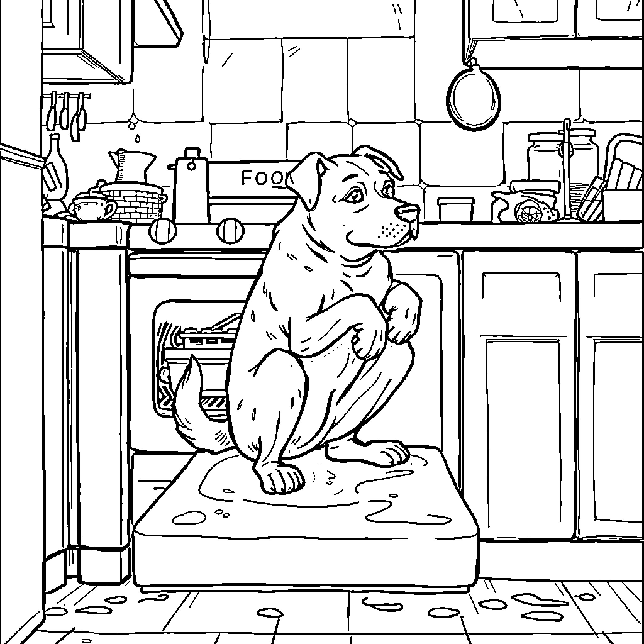 Dog waiting eagerly for food in the kitchen Coloring Page (free black-and-white line drawing printable PDF for all, from beginners to advanced learners, including children, teens, adults, and seniors)
