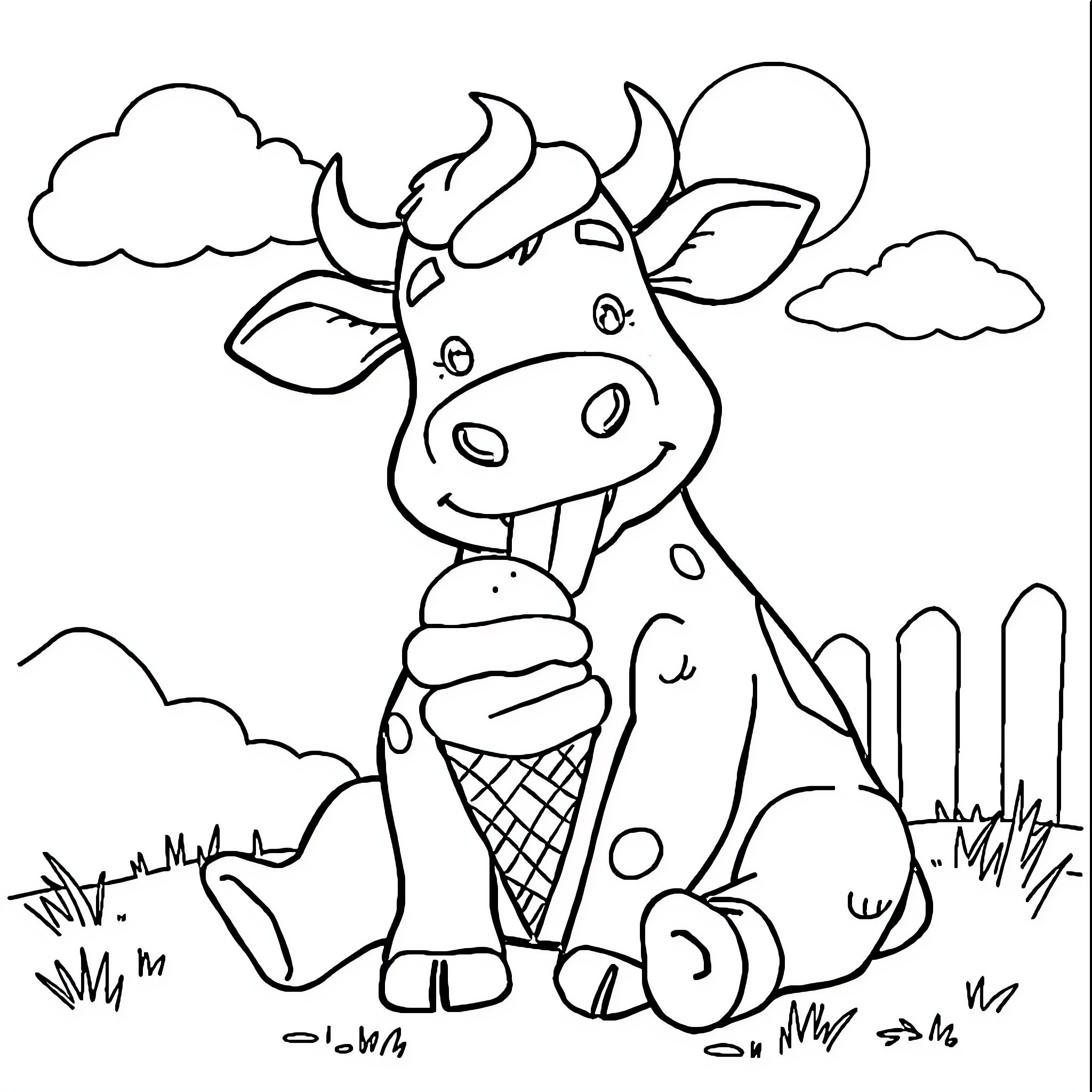 Cow enjoying a delightful ice cream treat Coloring Page (free black-and-white line drawing printable PDF for all, from beginners to advanced learners, including children, teens, adults, and seniors)