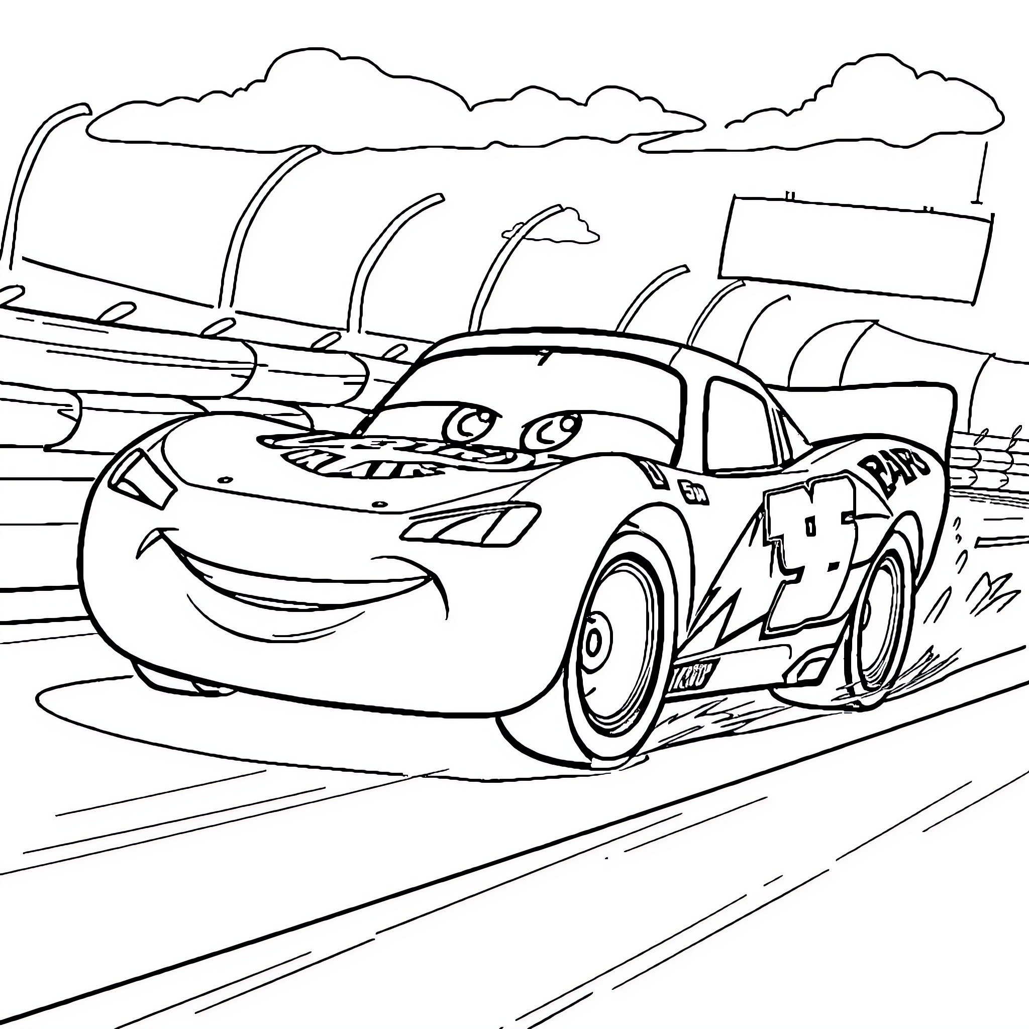 Lightning McQueen competing in a race Coloring Page (free black-and-white line drawing printable PDF for all, from beginners to advanced learners, including children, teens, adults, and seniors)