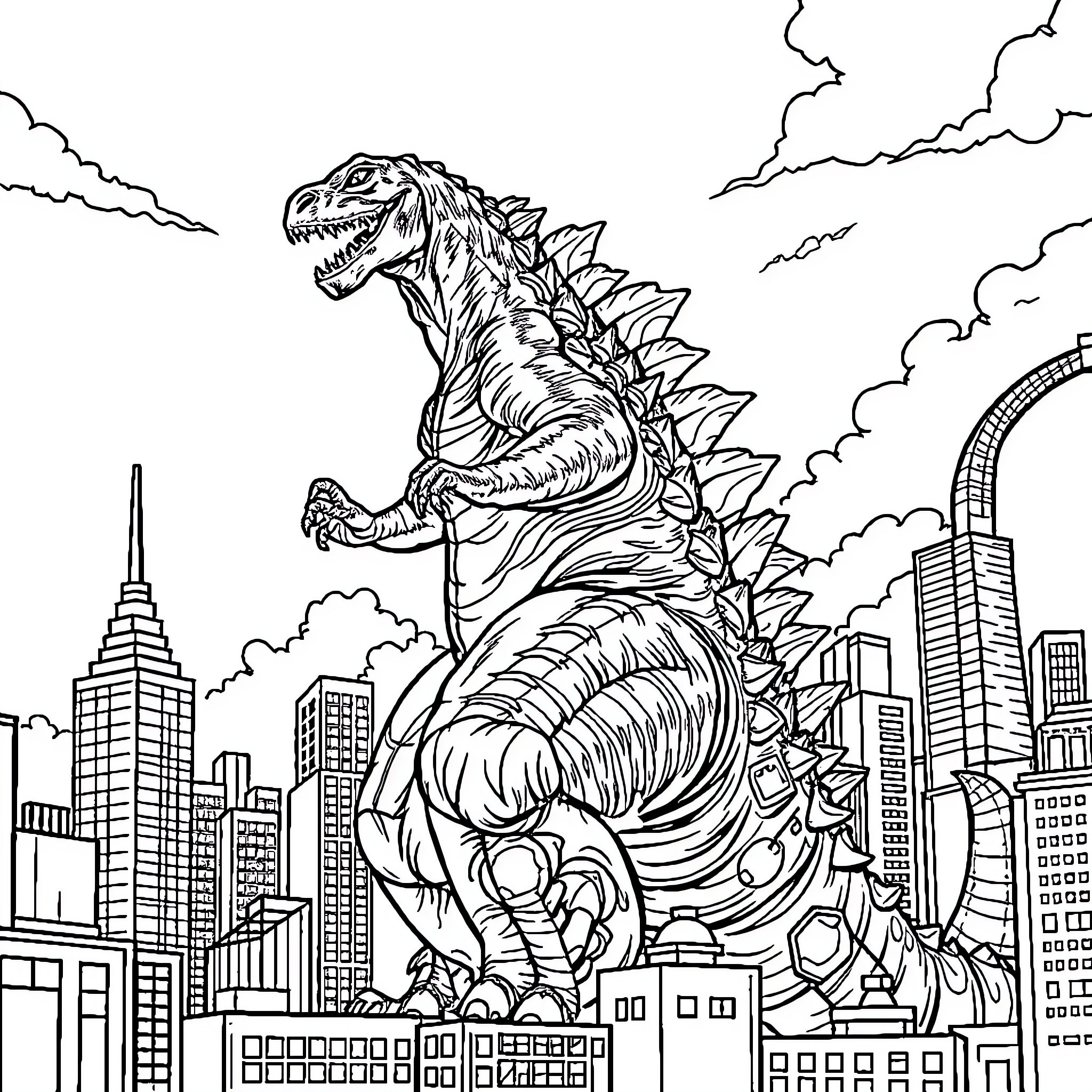 Godzilla Rampaging Through the City Skyline Coloring Page (free black-and-white line drawing printable PDF for all, from beginners to advanced learners, including children, teens, adults, and seniors)