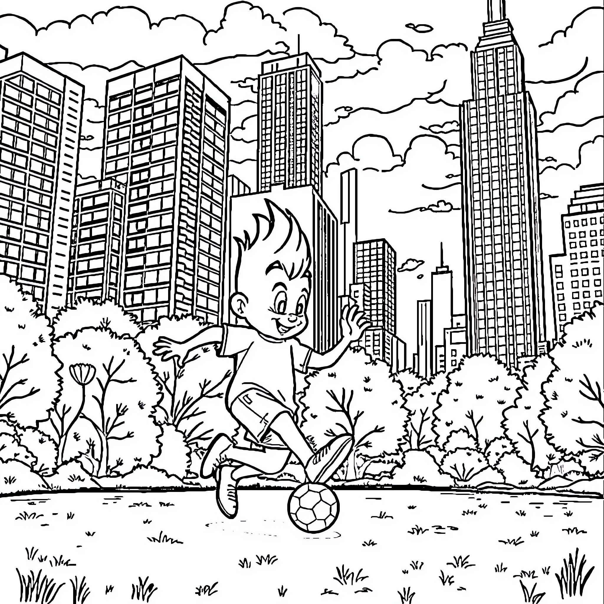 Sprunki playing soccer in a city park Coloring Page (free black-and-white line drawing printable PDF for all, from beginners to advanced learners, including children, teens, adults, and seniors)