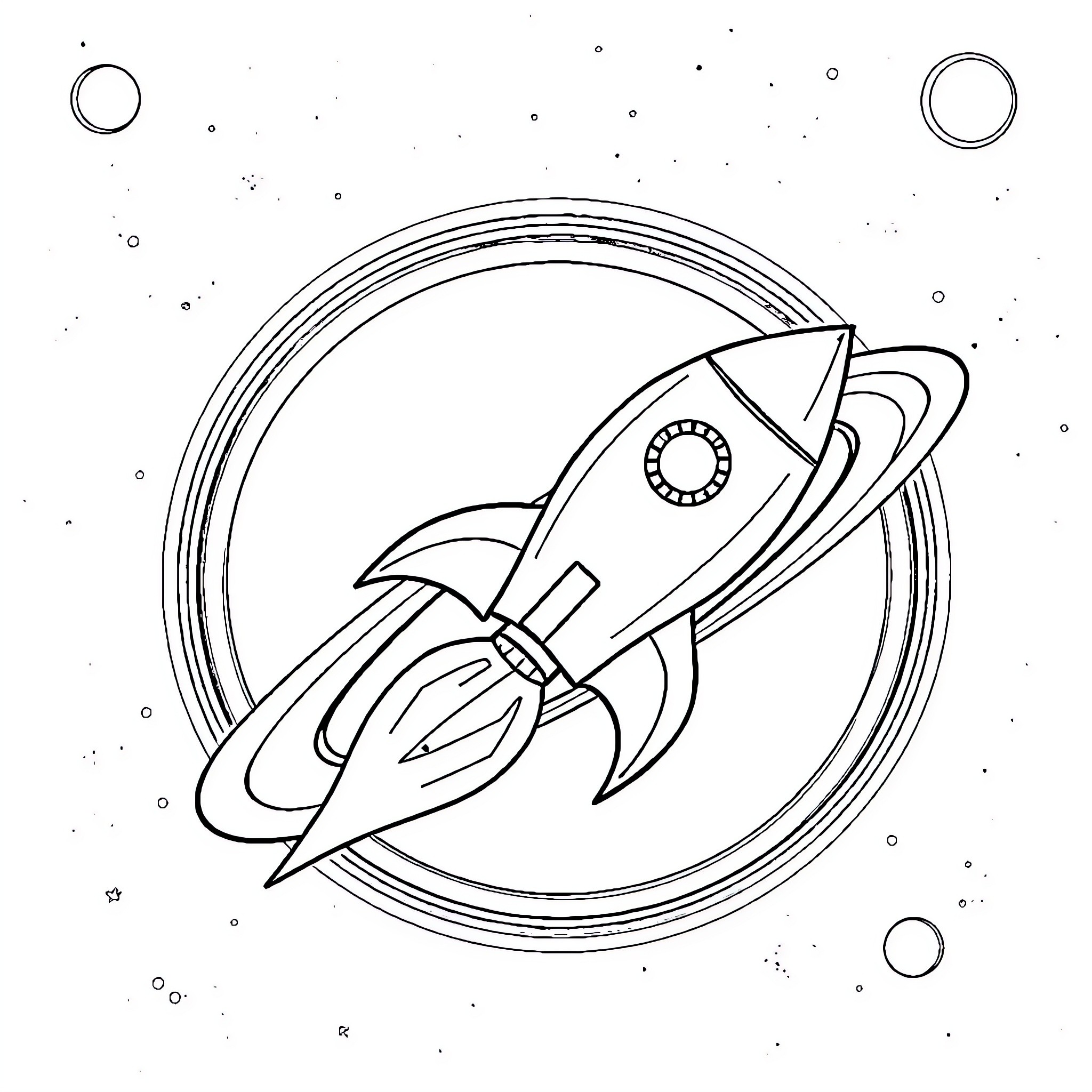 Rocket lifting off in the starry sky Coloring Page (free black-and-white line drawing printable PDF for all, from beginners to advanced learners, including children, teens, adults, and seniors)