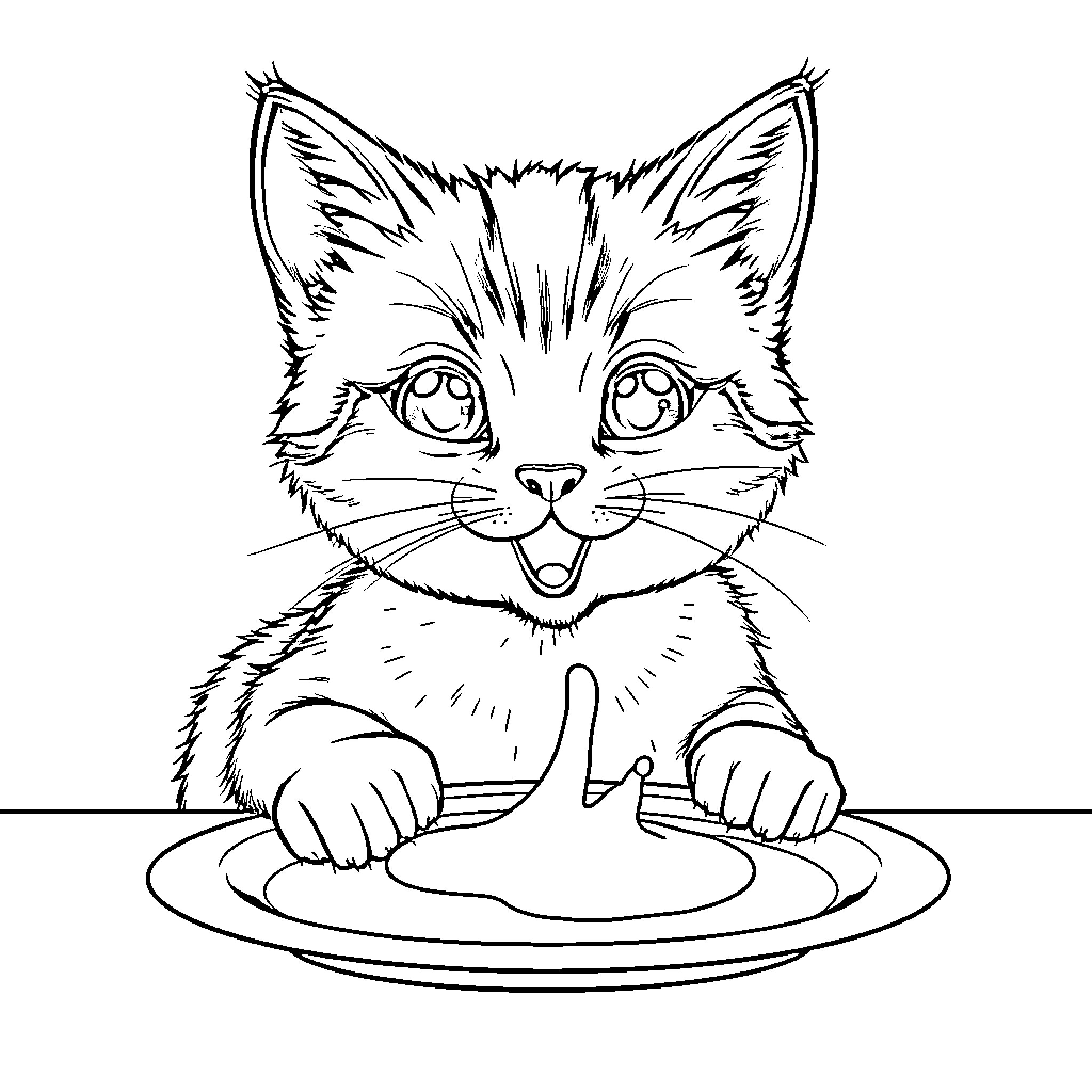 Cat eagerly awaiting a meal on the table Coloring Page (free black-and-white line drawing printable PDF for all, from beginners to advanced learners, including children, teens, adults, and seniors)