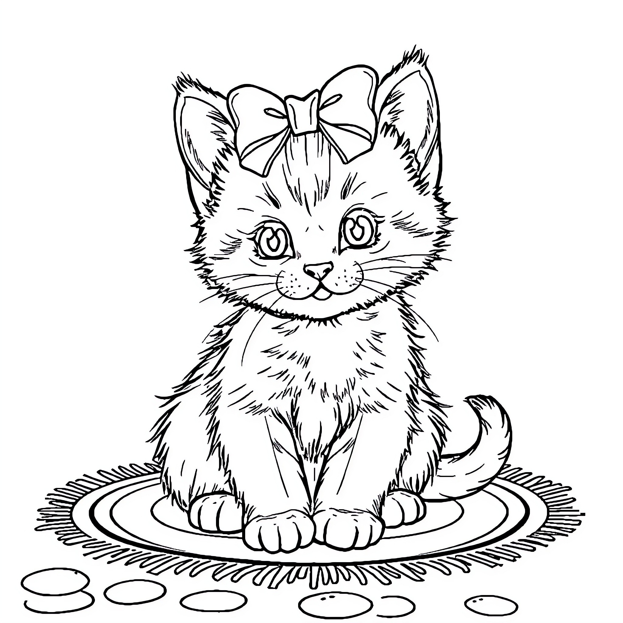 Kitten wearing a bow on its head Coloring Page (free black-and-white line drawing printable PDF for all, from beginners to advanced learners, including children, teens, adults, and seniors)