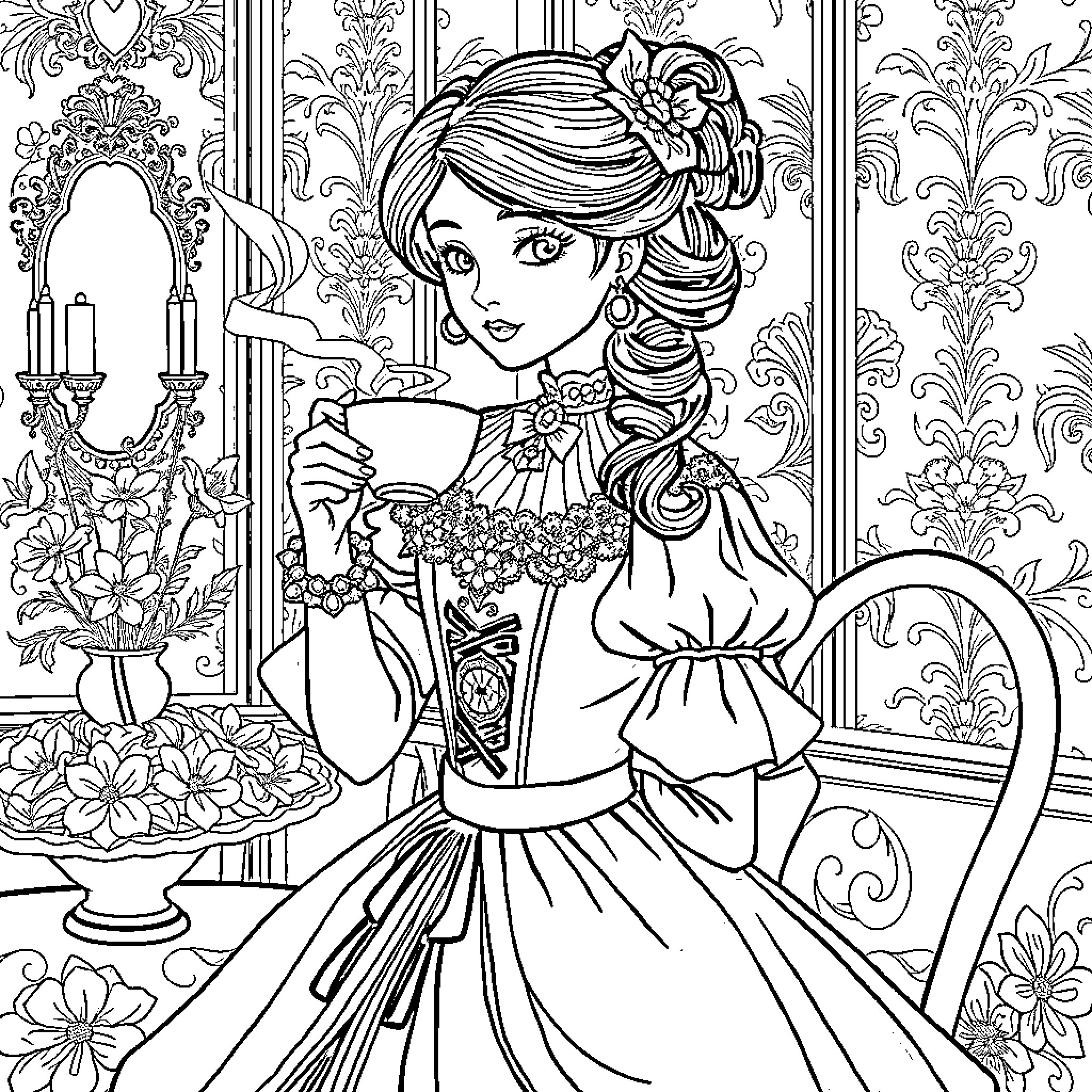 Girl in elegant dress enjoying a cup of tea Coloring Page (free black-and-white line drawing printable PDF for all, from beginners to advanced learners, including children, teens, adults, and seniors)